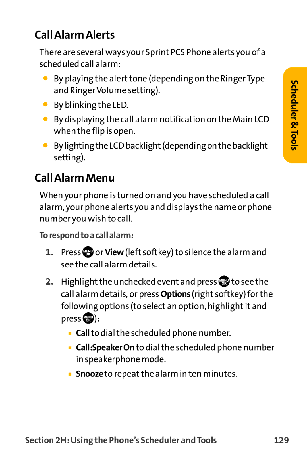 Sanyo VL-2300 warranty Call Alarm Alerts, Call Alarm Menu, Torespondtoacallalarm, 129 