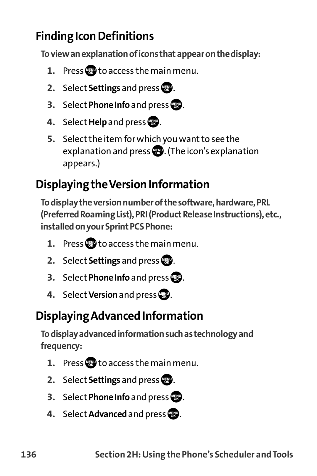 Sanyo VL-2300 warranty Finding Icon Definitions, Displaying theVersion Information, Displaying Advanced Information, 136 