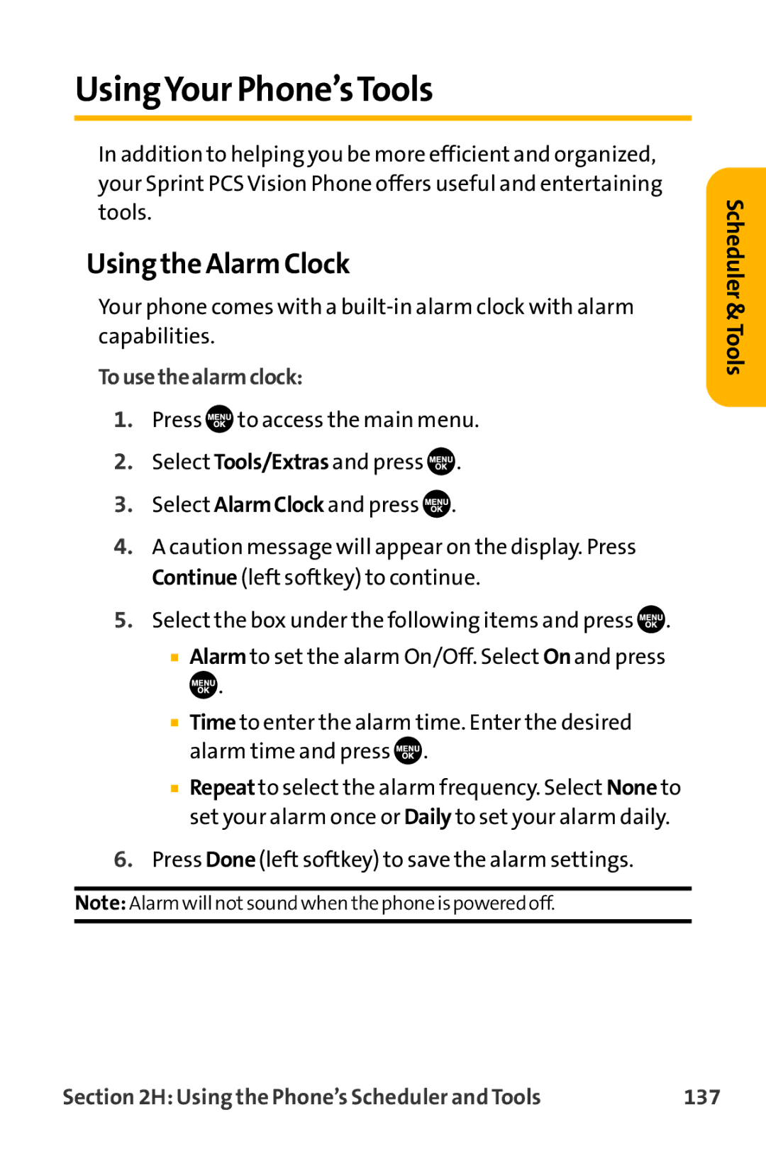 Sanyo VL-2300 warranty UsingYour Phone’sTools, Using the Alarm Clock, Tousethealarmclock, 137 