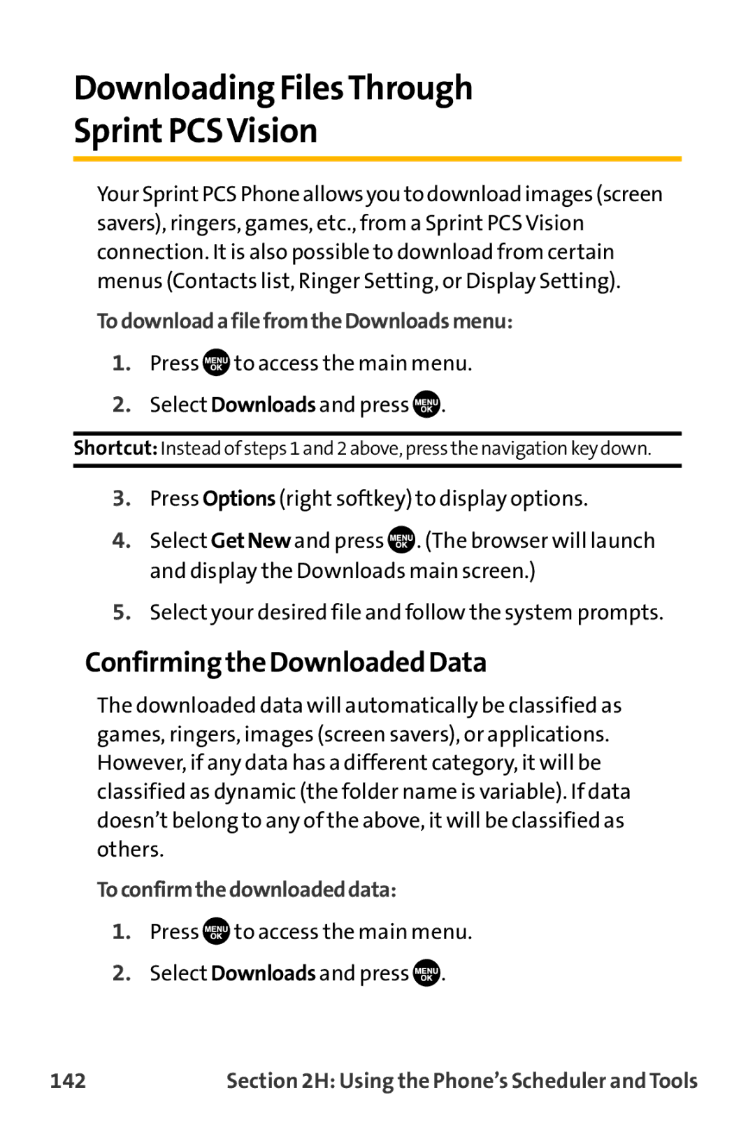 Sanyo VL-2300 Downloading FilesThrough SprintPCSVision, Confirming the Downloaded Data, Toconfirmthedownloadeddata, 142 