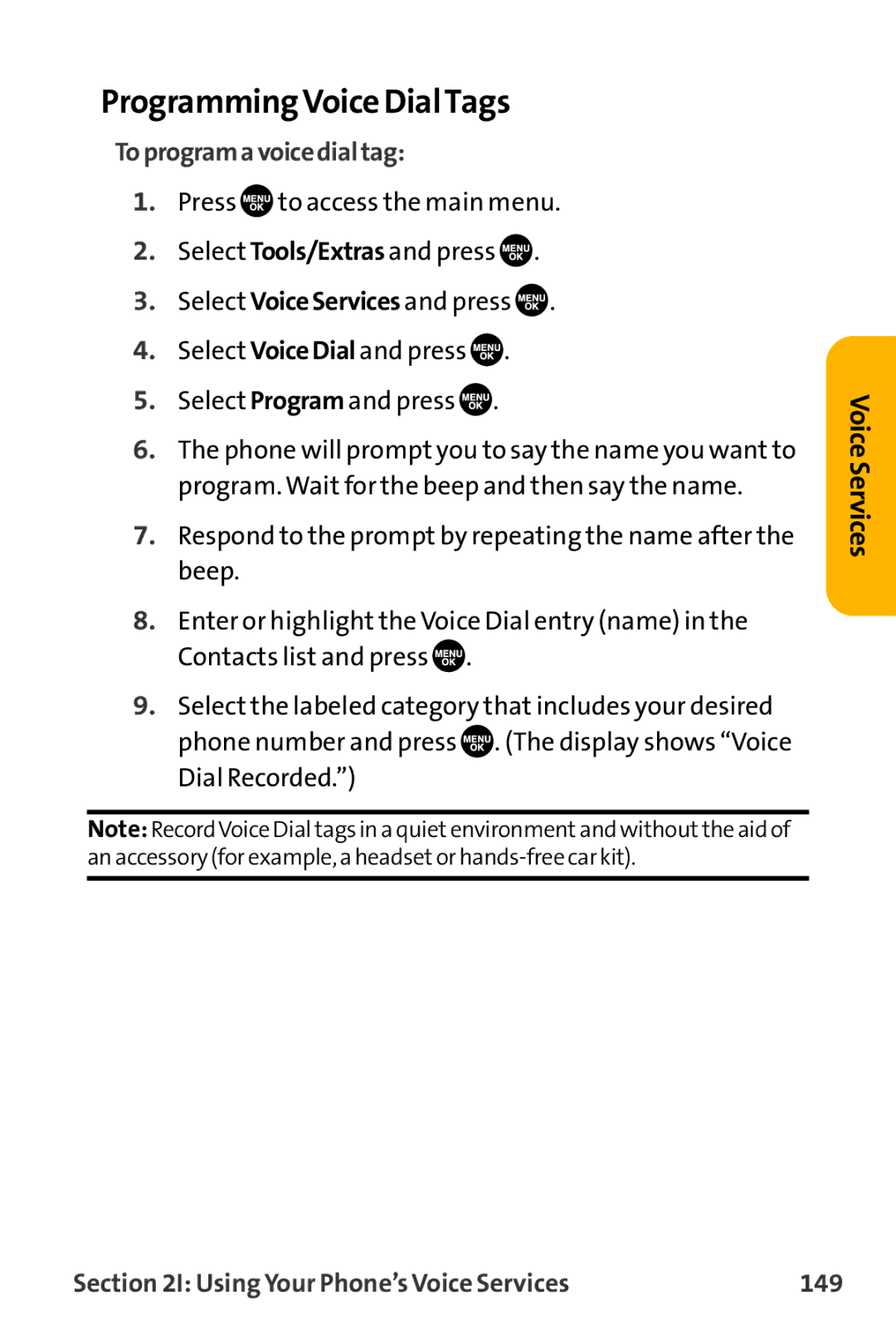 Sanyo VL-2300 warranty Programming Voice DialTags, Toprogramavoicedialtag, Using Your Phone’s Voice Services 149 