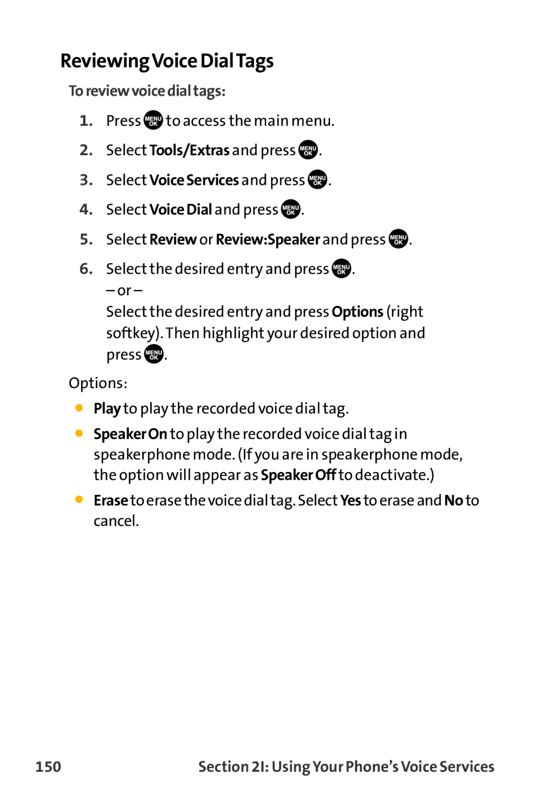 Sanyo VL-2300 warranty ReviewingVoice DialTags, Toreviewvoicedialtags, Select Review or ReviewSpeaker and press, 150 