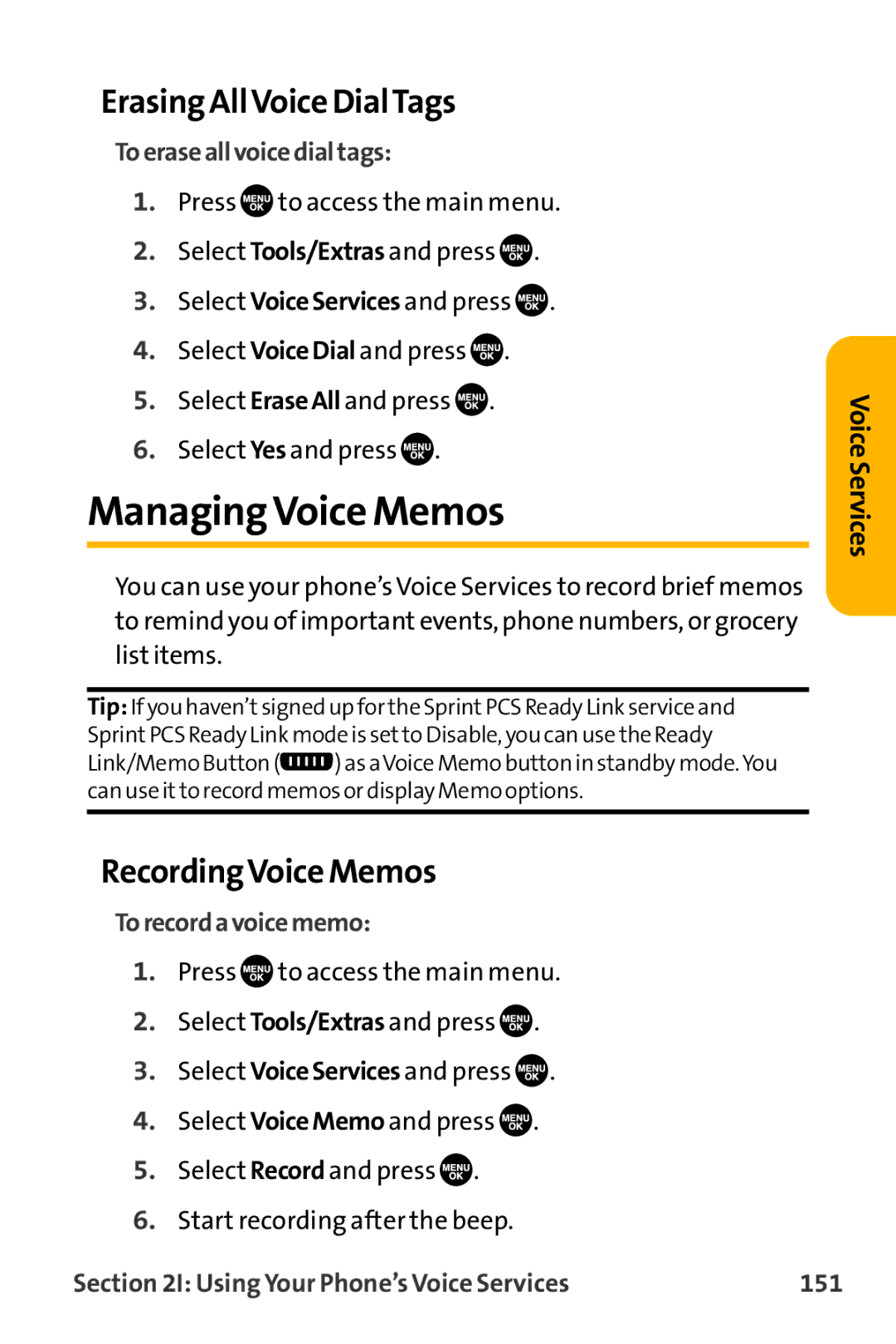 Sanyo VL-2300 warranty Managing Voice Memos, Erasing AllVoice DialTags, RecordingVoice Memos 