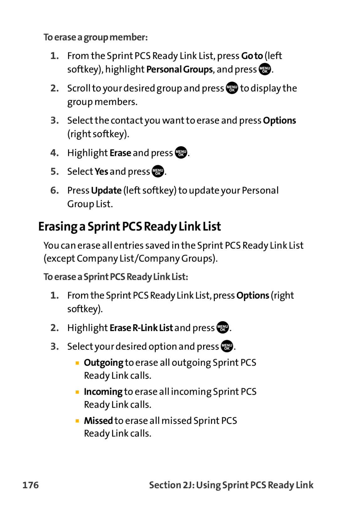 Sanyo VL-2300 warranty Erasing a SprintPCS Ready Link List, Toeraseagroupmember, ToeraseaSprintPCSReadyLinkList, 176 