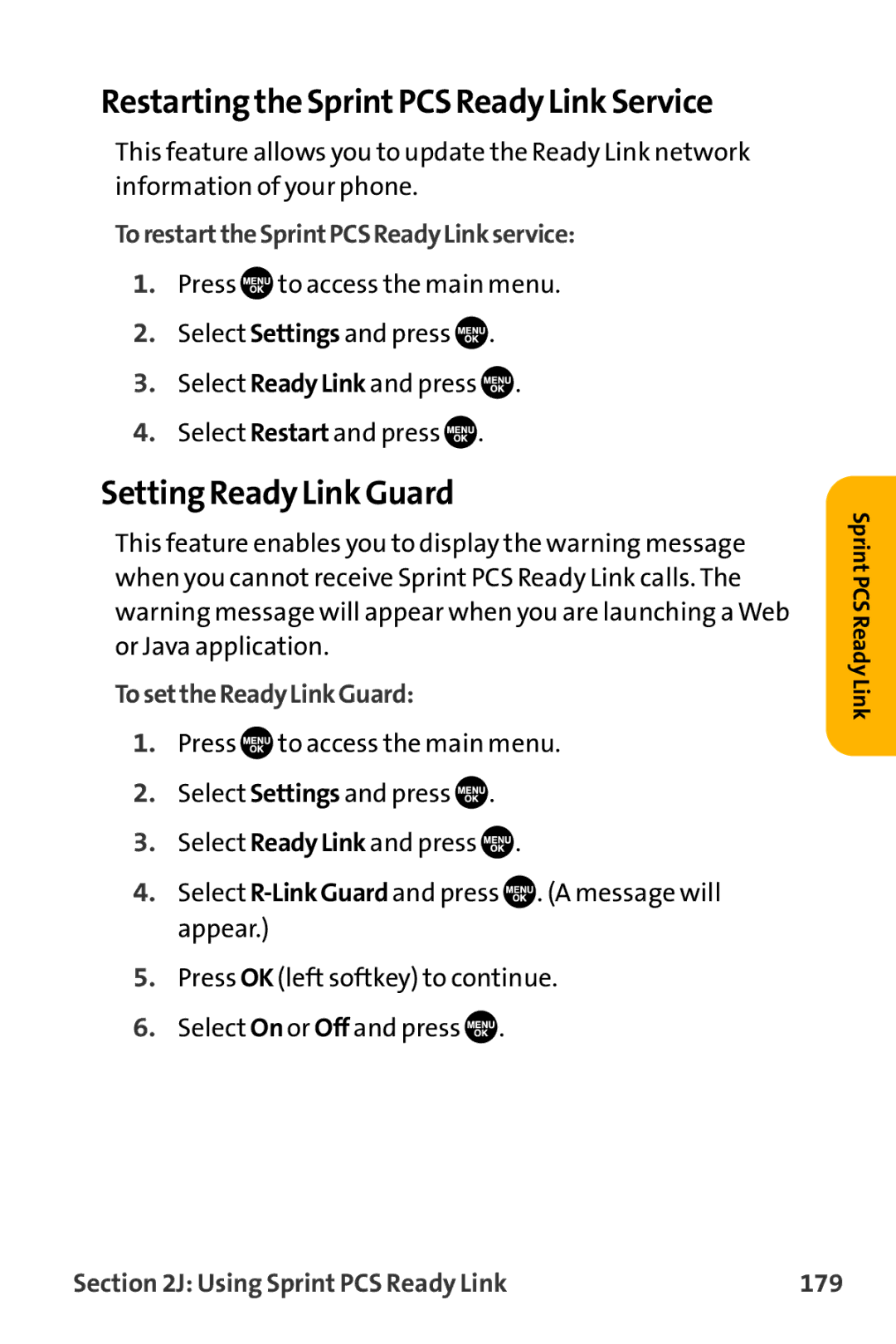 Sanyo VL-2300 Restarting the SprintPCS Ready Link Service, Setting Ready Link Guard, TorestarttheSprintPCSReadyLinkservice 