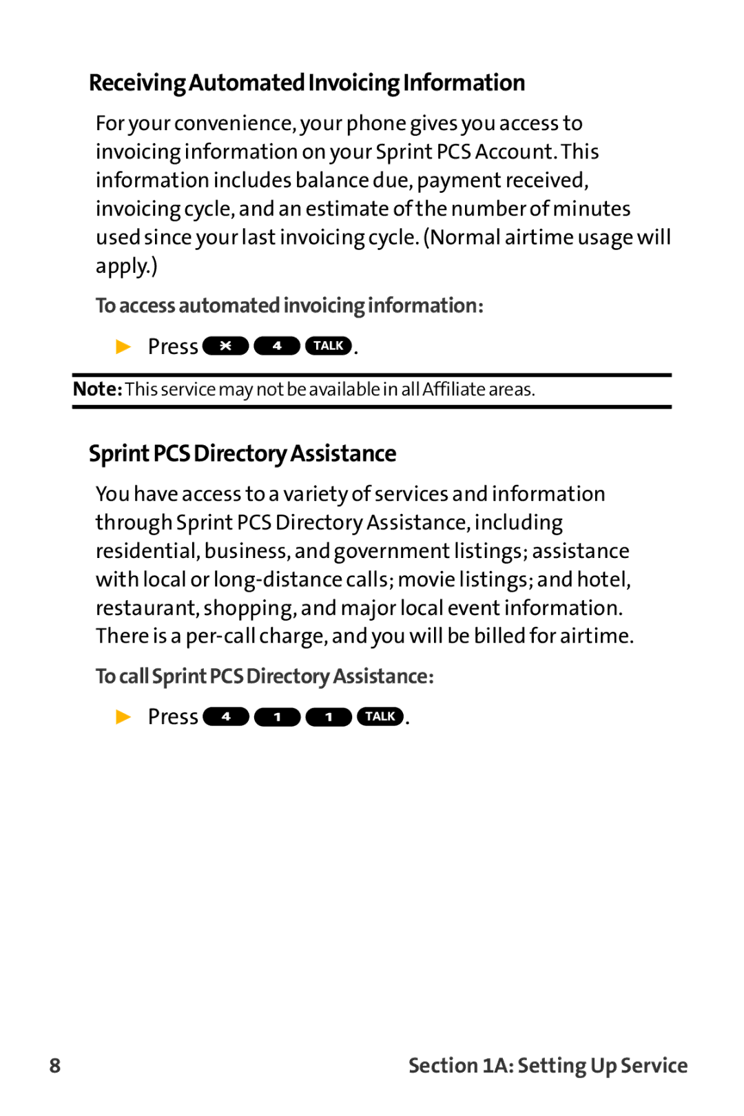 Sanyo VL-2300 ReceivingAutomatedInvoicingInformation, SprintPCSDirectoryAssistance, Toaccessautomatedinvoicinginformation 