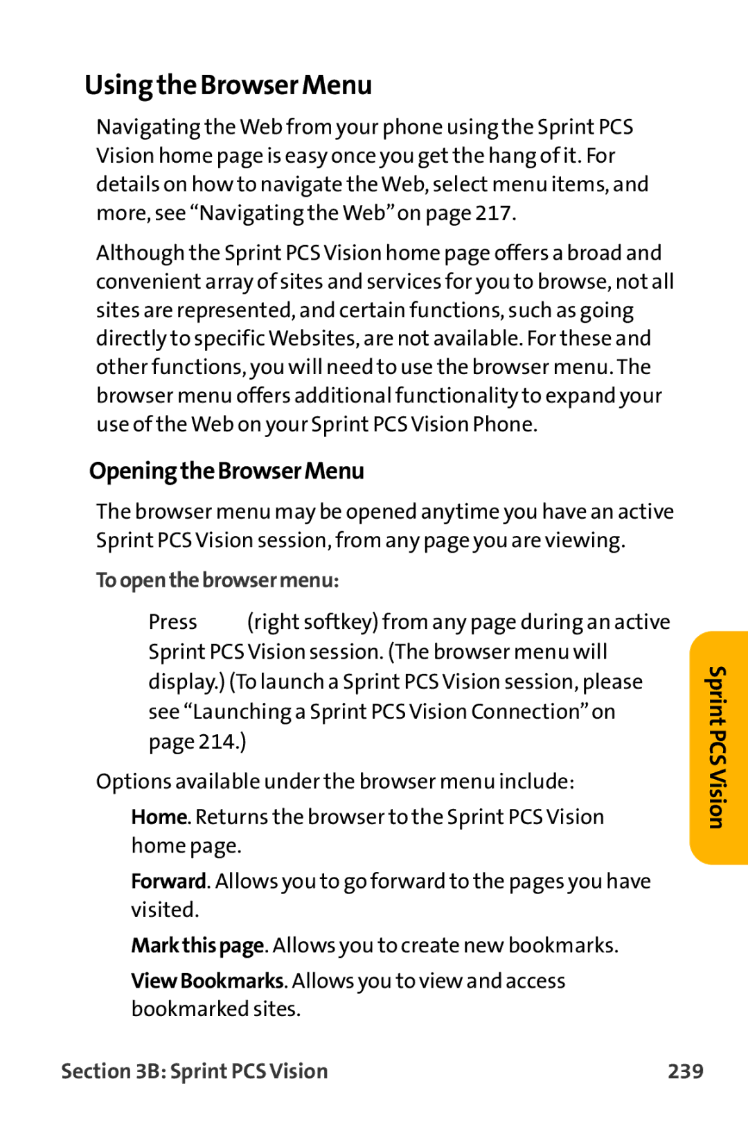 Sanyo VL-2300 warranty Using the Browser Menu, OpeningtheBrowserMenu, Toopenthebrowsermenu, Sprint PCS Vision 239 