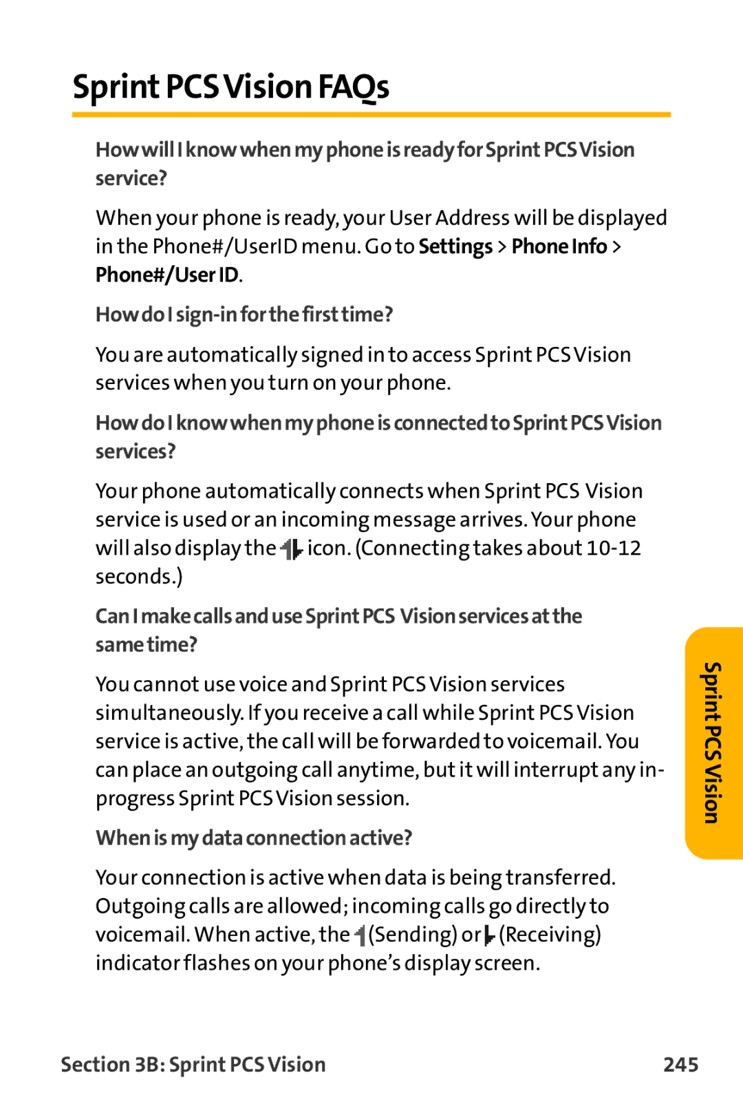 Sanyo VL-2300 SprintPCSVision FAQs, HowdoIsign-inforthefirsttime?, Whenismydataconnectionactive?, Sprint PCS Vision 245 