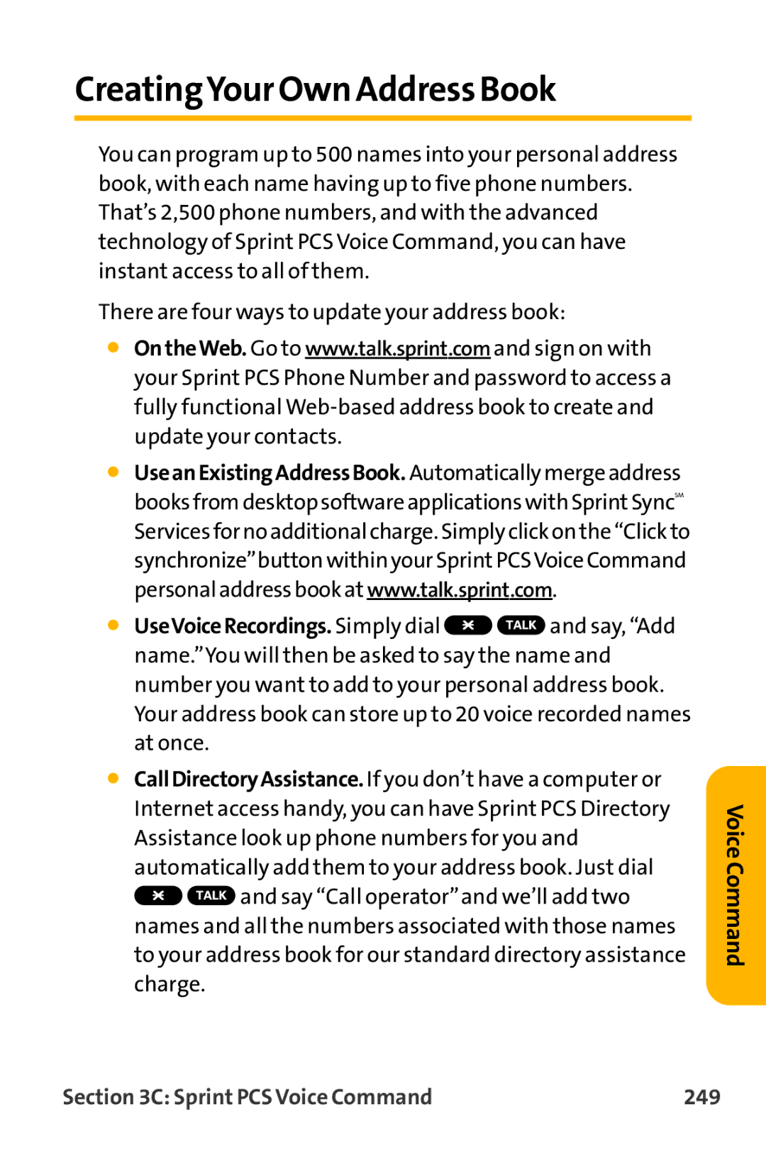 Sanyo VL-2300 warranty CreatingYour Own Address Book, Sprint PCS Voice Command 249 