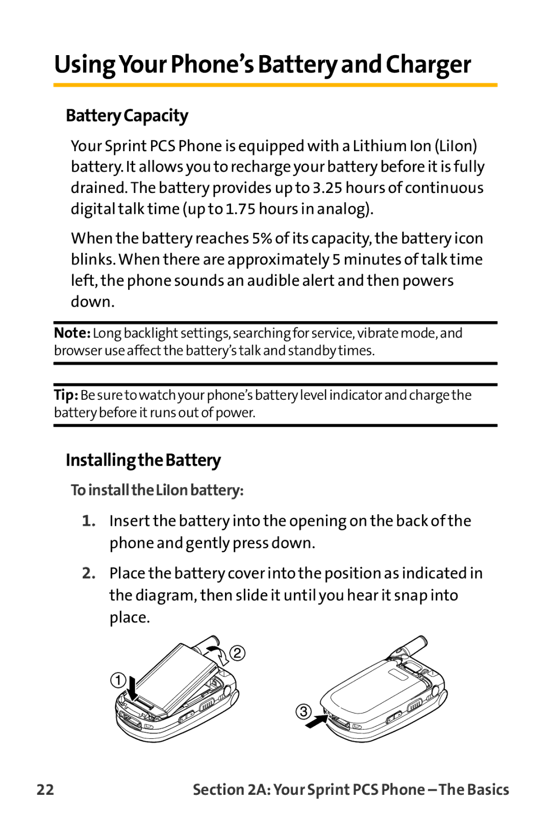 Sanyo VL-2300 UsingYour Phone’s Batteryand Charger, BatteryCapacity, InstallingtheBattery, ToinstalltheLiIonbattery 