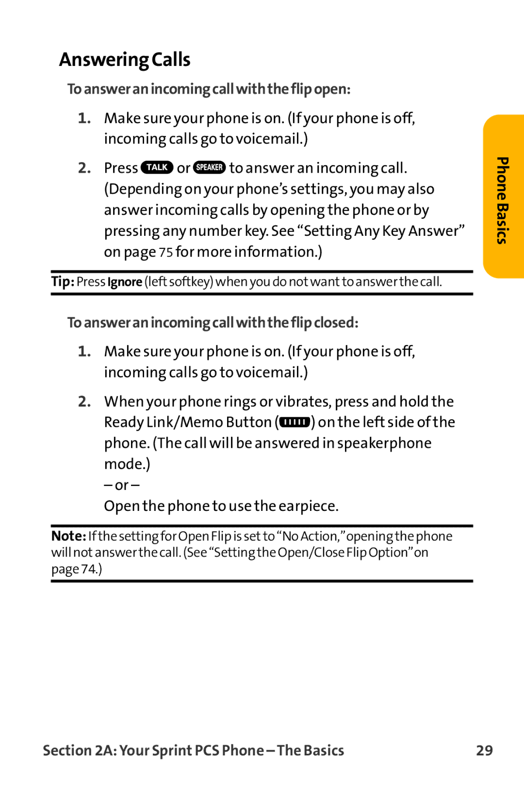 Sanyo VL-2300 warranty Answering Calls, Toansweranincomingcallwiththeflipopen, Toansweranincomingcallwiththeflipclosed 