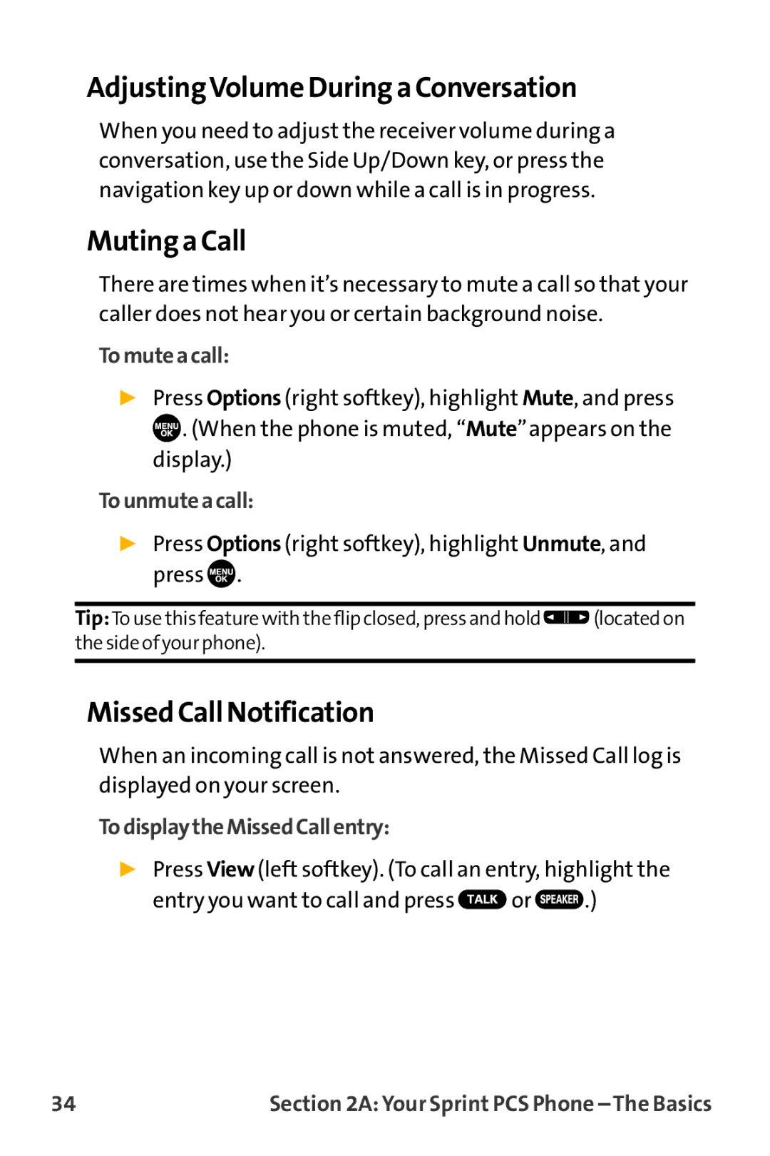 Sanyo VL-2300 warranty AdjustingVolume During a Conversation, Muting a Call, Missed Call Notification 