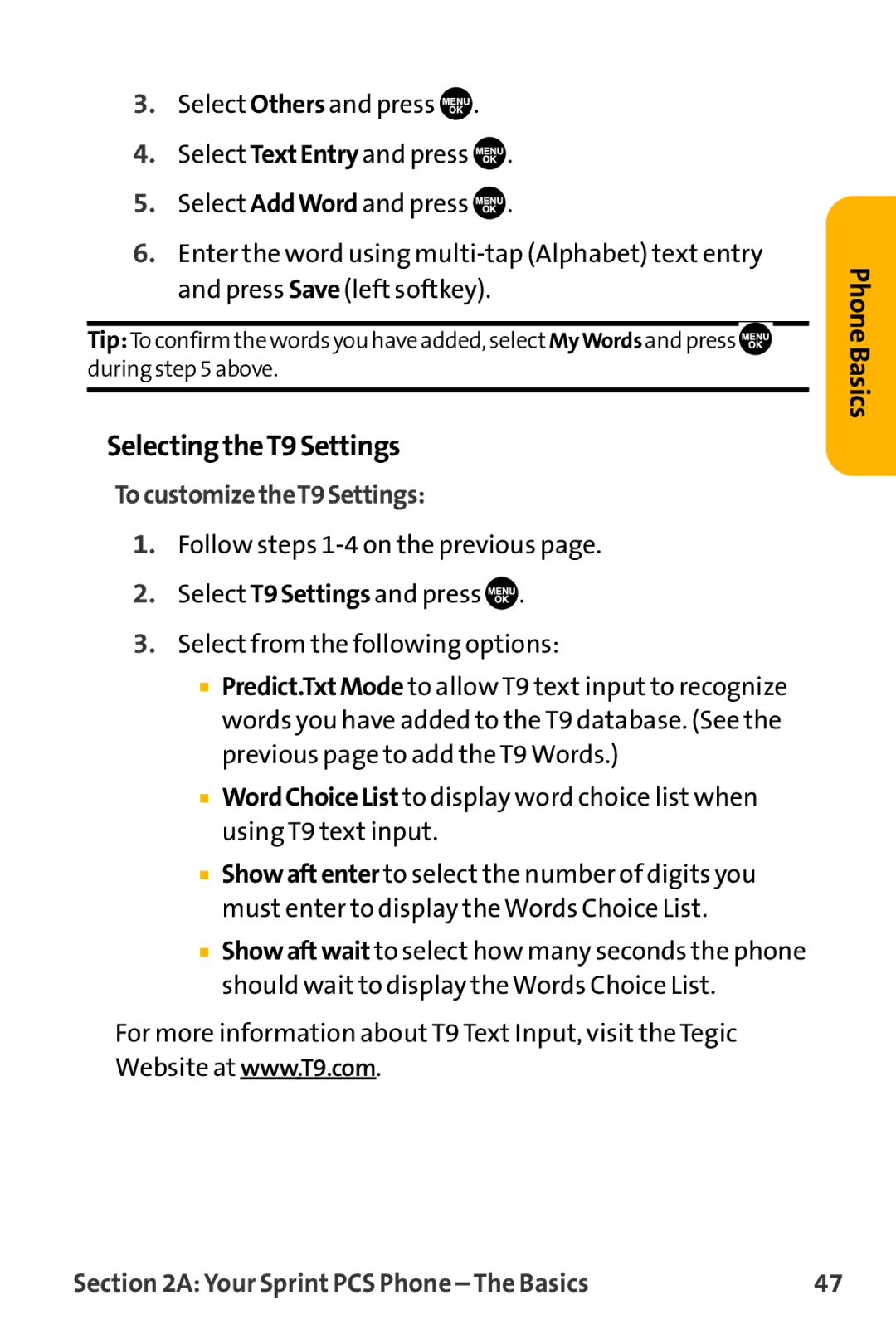 Sanyo VL-2300 warranty SelectingtheT9Settings, TocustomizetheT9Settings 