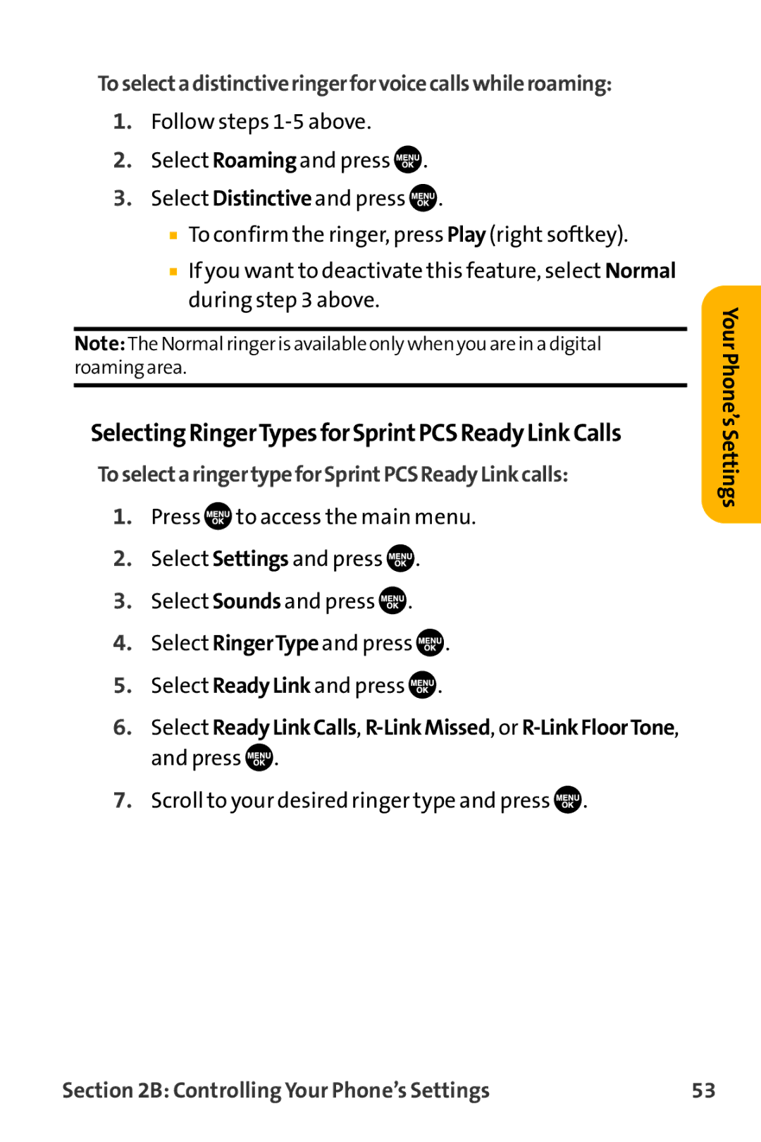 Sanyo VL-2300 warranty SelectingRingerTypesforSprintPCSReadyLinkCalls, Toselectadistinctiveringerforvoicecallswhileroaming 