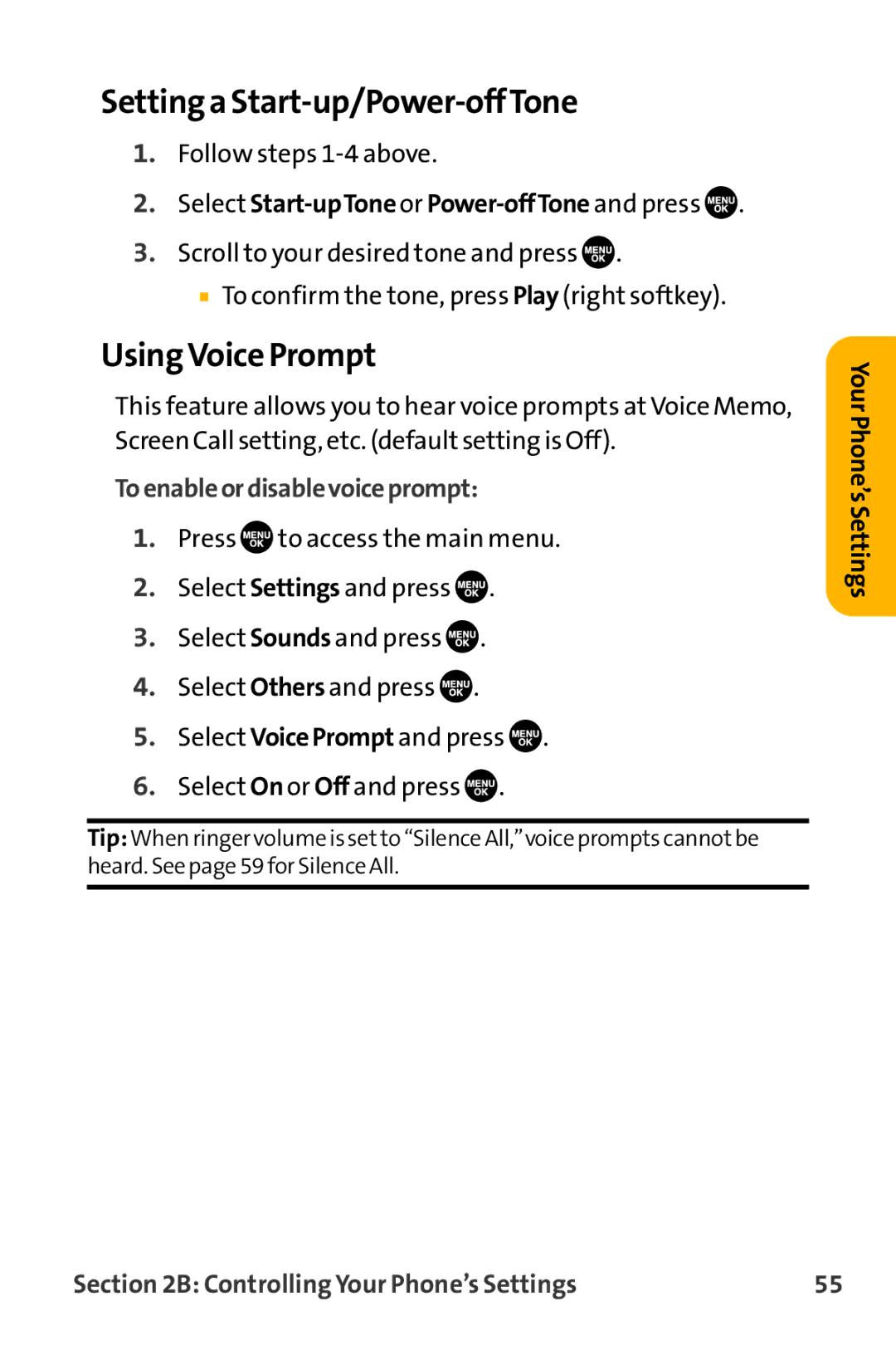 Sanyo VL-2300 warranty Setting a Start-up/Power-offTone, Using Voice Prompt, Select Start-upTone or Power-offTone and press 