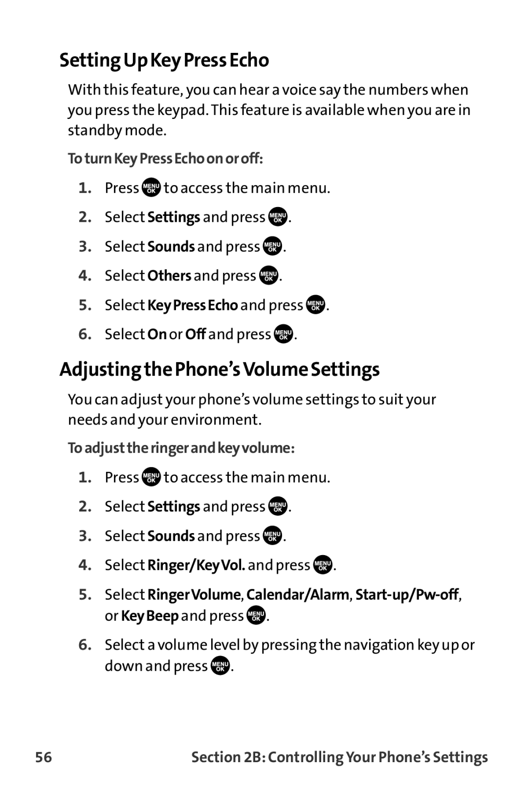 Sanyo VL-2300 warranty Setting Up Key Press Echo, Adjusting the Phone’s Volume Settings, ToturnKeyPressEchoonoroff 