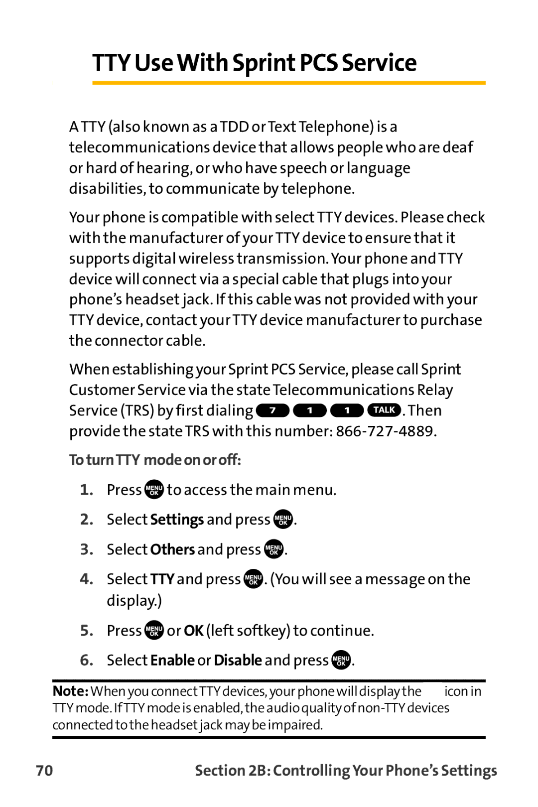 Sanyo VL-2300 warranty TTY UseWith SprintPCS Service, ToturnTTY modeonoroff 