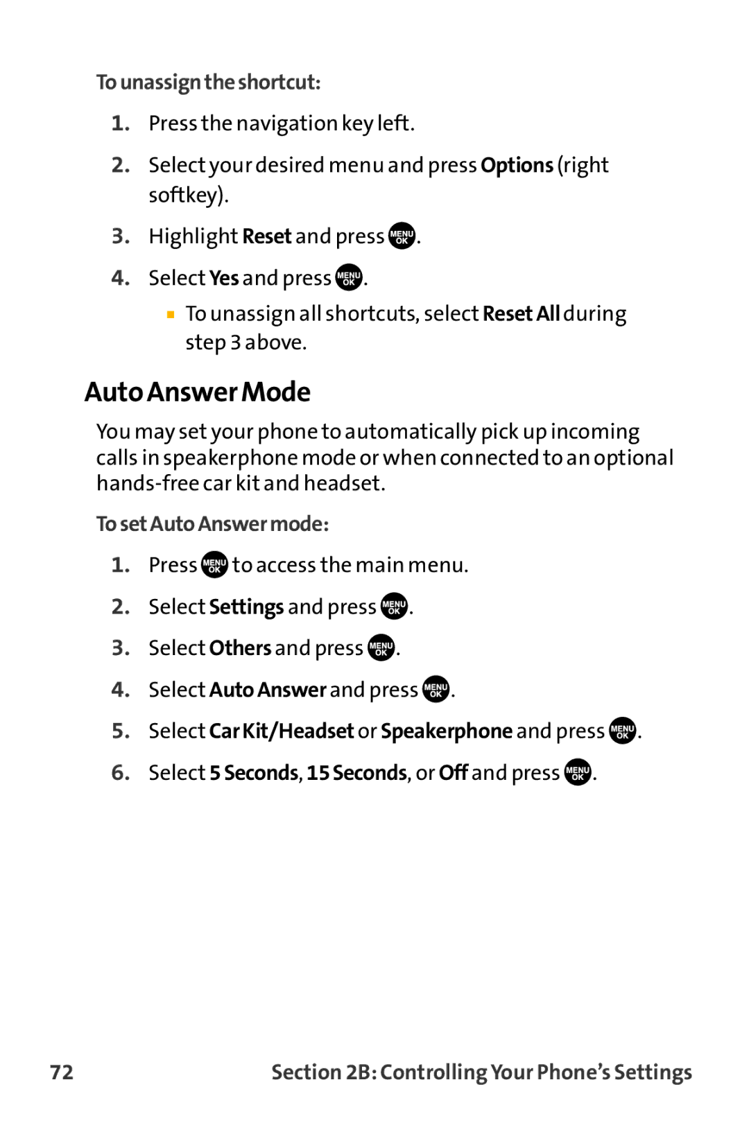 Sanyo VL-2300 Auto AnswerMode, Tounassigntheshortcut, TosetAutoAnswermode, Select CarKit/Headset or Speakerphone and press 