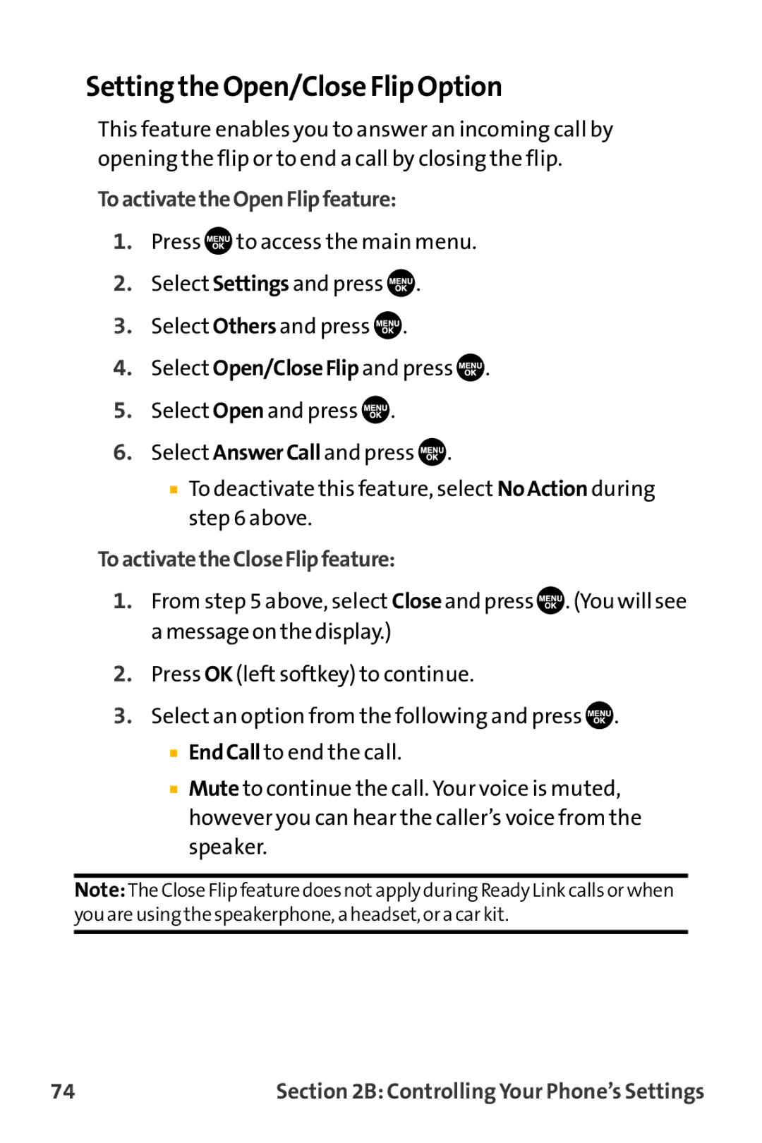 Sanyo VL-2300 warranty Setting the Open/Close Flip Option, ToactivatetheOpenFlipfeature, ToactivatetheCloseFlipfeature 