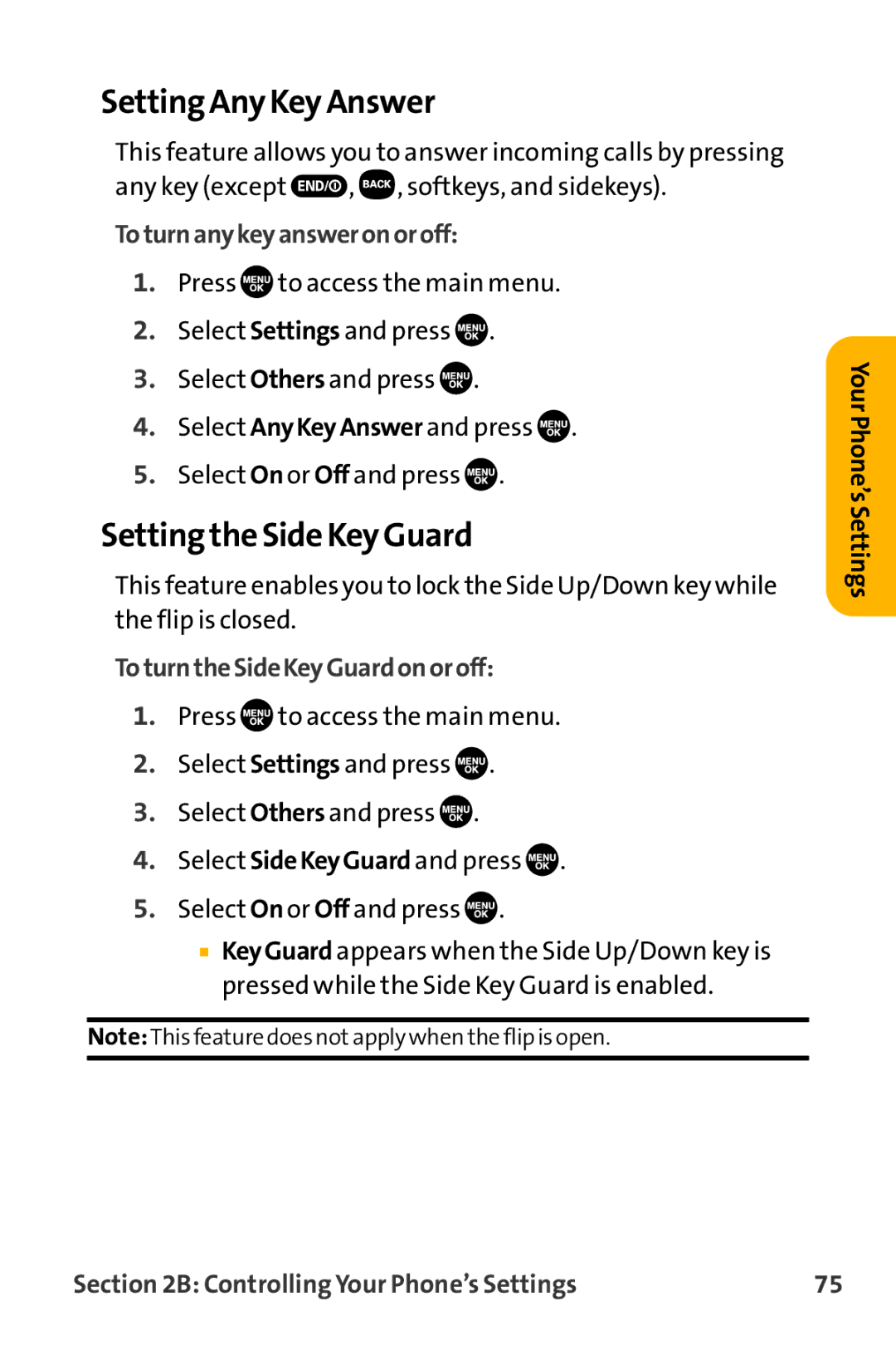 Sanyo VL-2300 Setting Any Key Answer, Setting the Side Key Guard, Toturnanykeyansweronoroff, ToturntheSideKeyGuardonoroff 