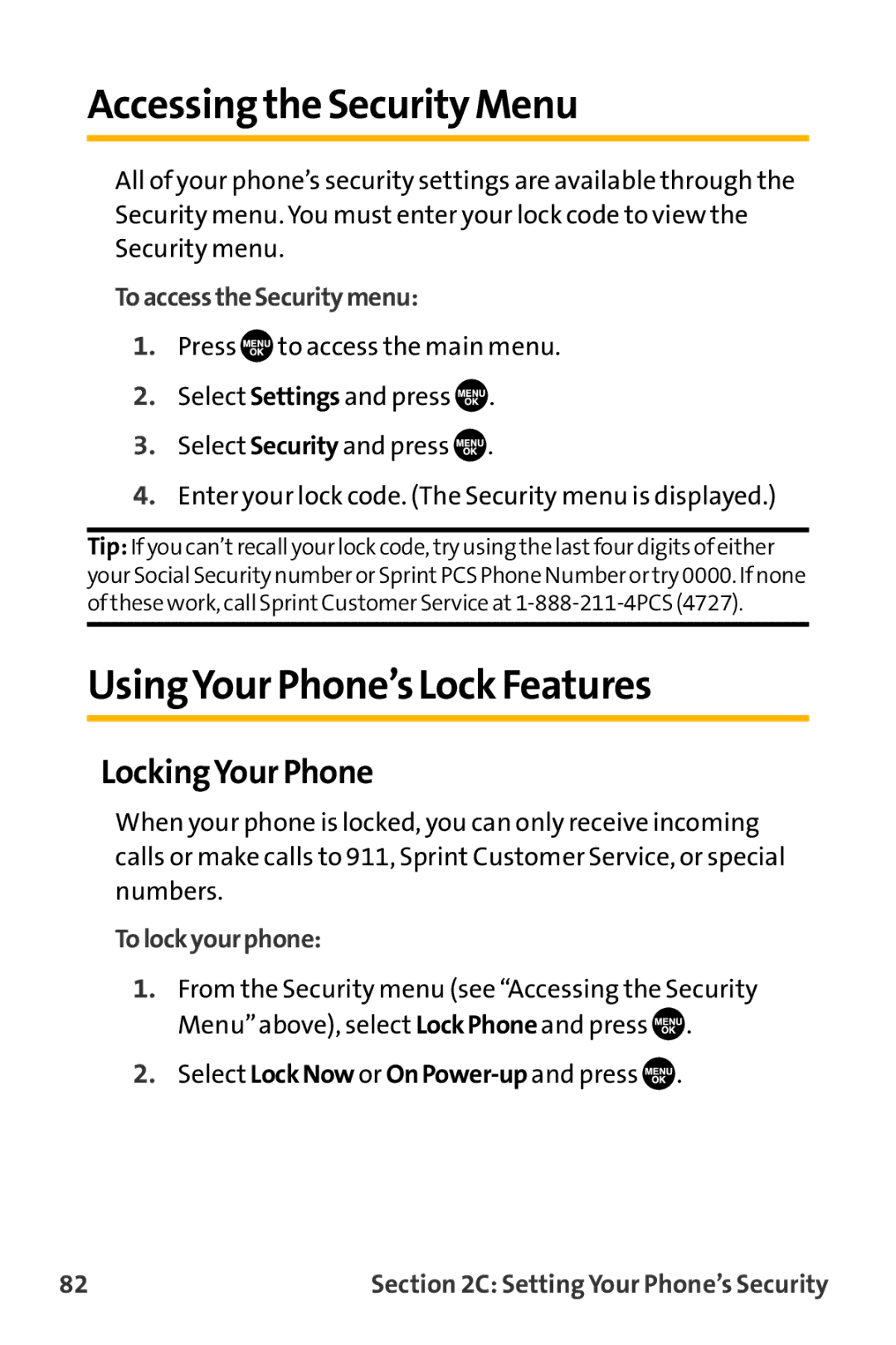 Sanyo VL-2300 Accessing the Security Menu, UsingYour Phone’s Lock Features, LockingYour Phone, ToaccesstheSecuritymenu 