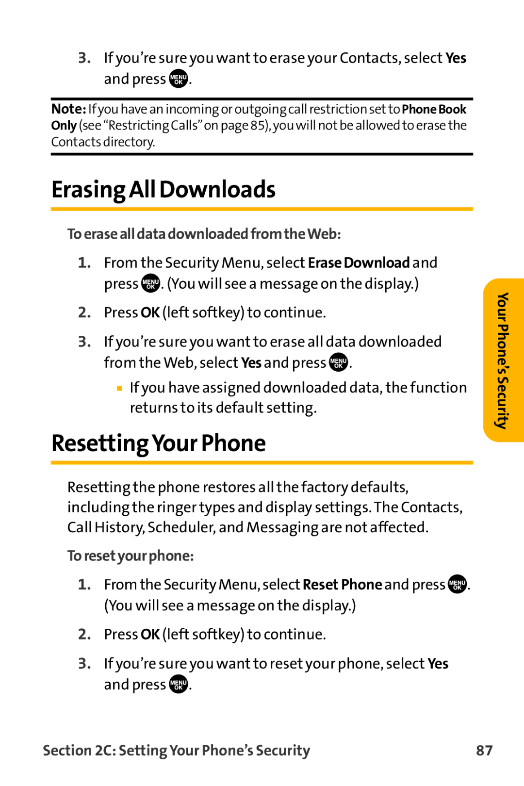 Sanyo VL-2300 warranty ErasingAll Downloads, ResettingYour Phone, ToerasealldatadownloadedfromtheWeb, Toresetyourphone 