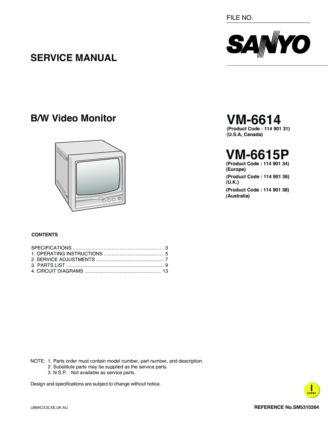 Sanyo VM-6615P specifications VM-6614 