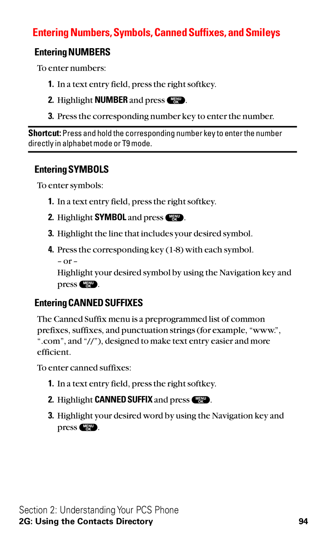 Sanyo VM4500 manual Entering Numbers, Entering Symbols, Entering Canned Suffixes 