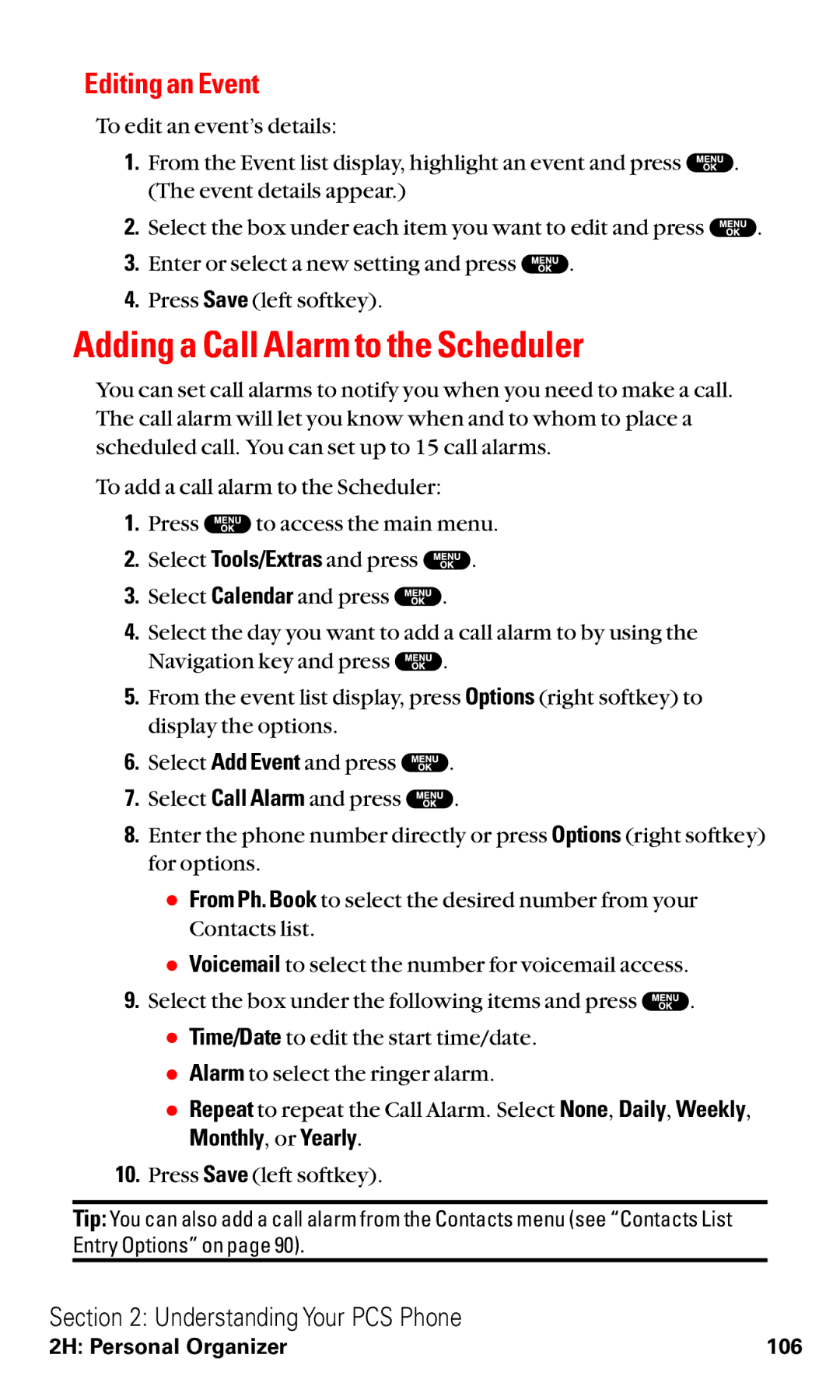 Sanyo VM4500 manual Adding a Call Alarm to the Scheduler, Editing an Event 