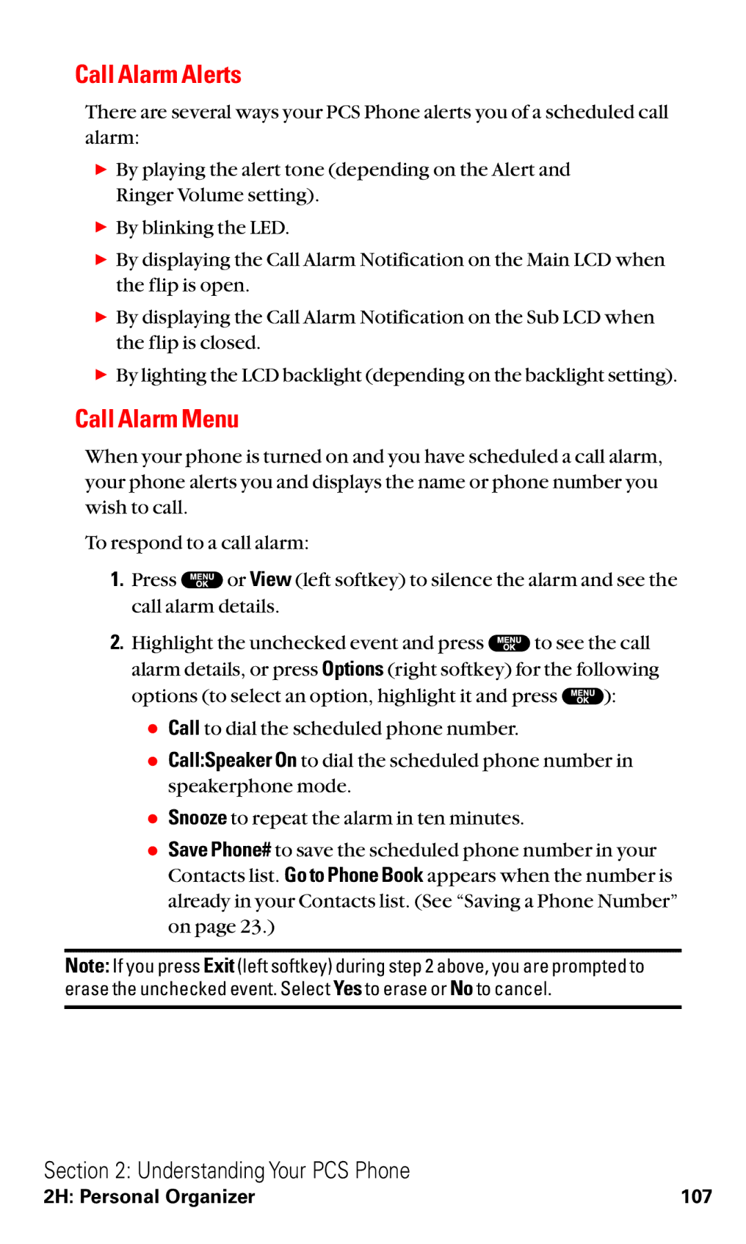 Sanyo VM4500 manual Call Alarm Alerts, Call Alarm Menu 