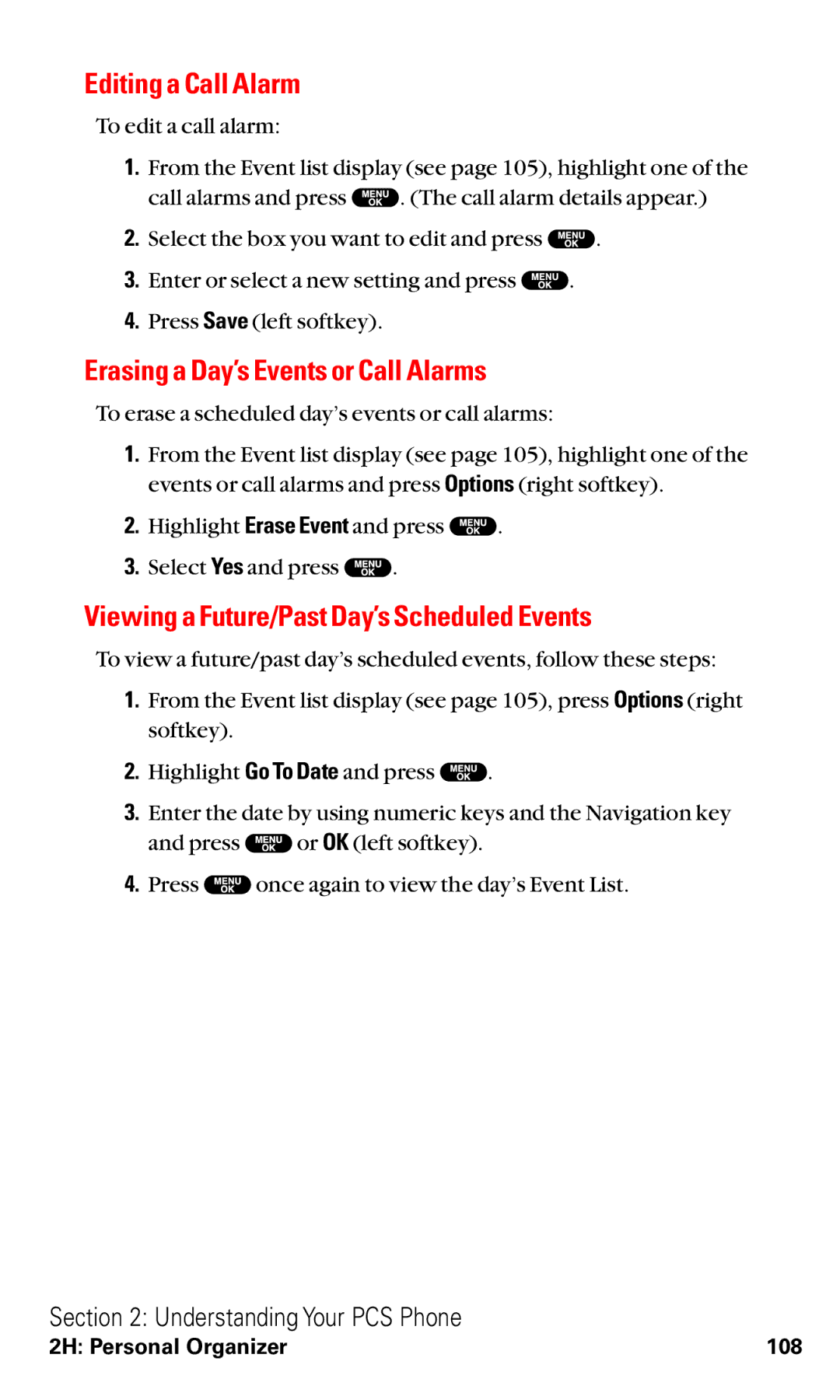 Sanyo VM4500 Editing a Call Alarm, Erasing a Day’s Events or Call Alarms, Viewing a Future/Past Day’s Scheduled Events 