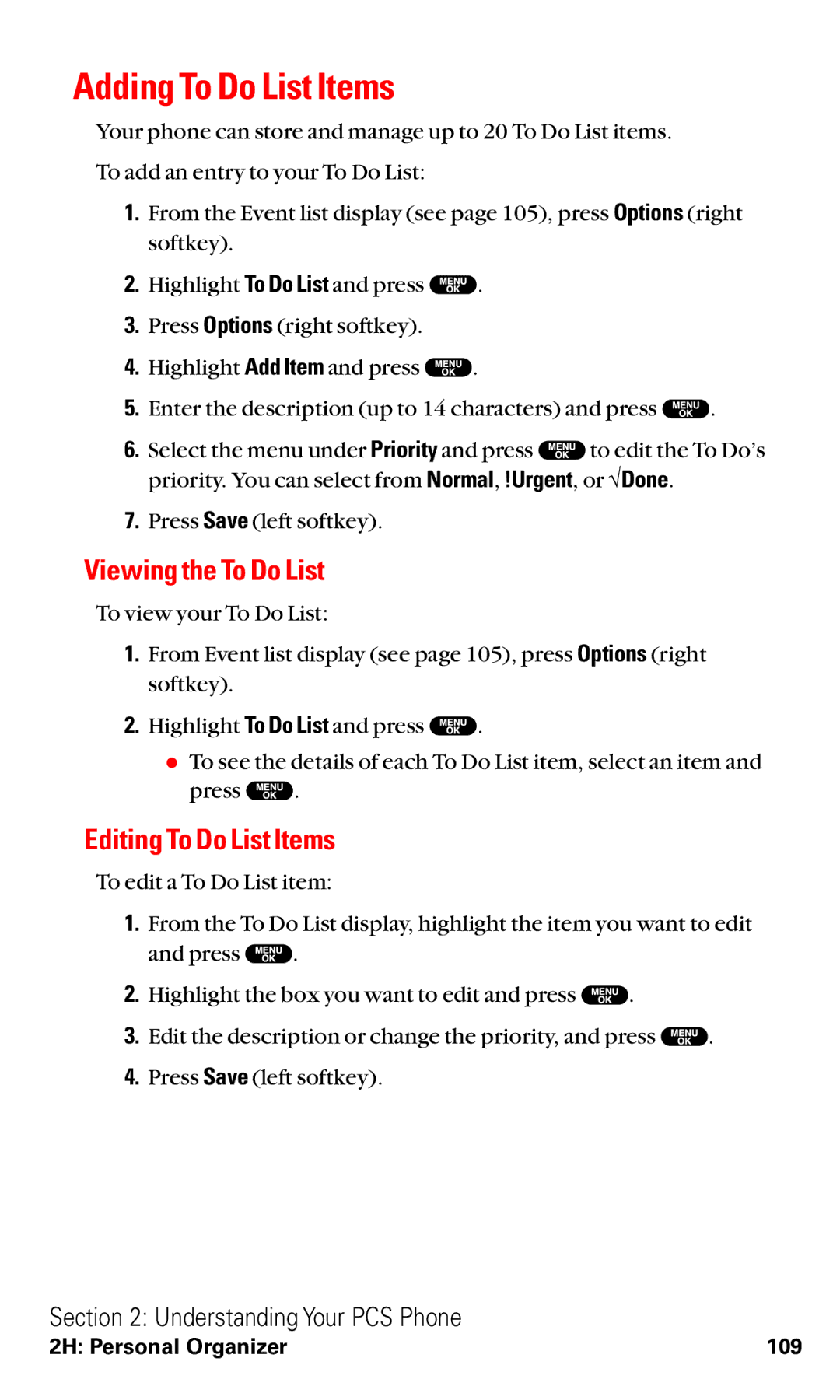 Sanyo VM4500 manual Adding To Do List Items, Viewing the To Do List, Editing To Do List Items 