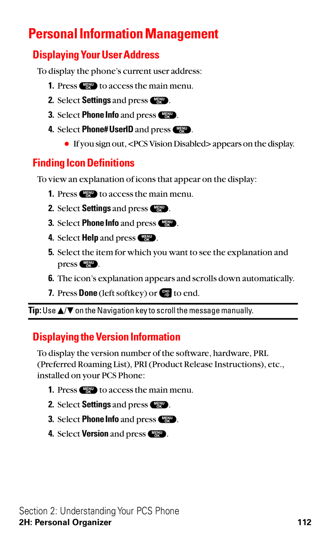 Sanyo VM4500 manual Personal Information Management, Displaying Your User Address, Finding Icon Definitions 