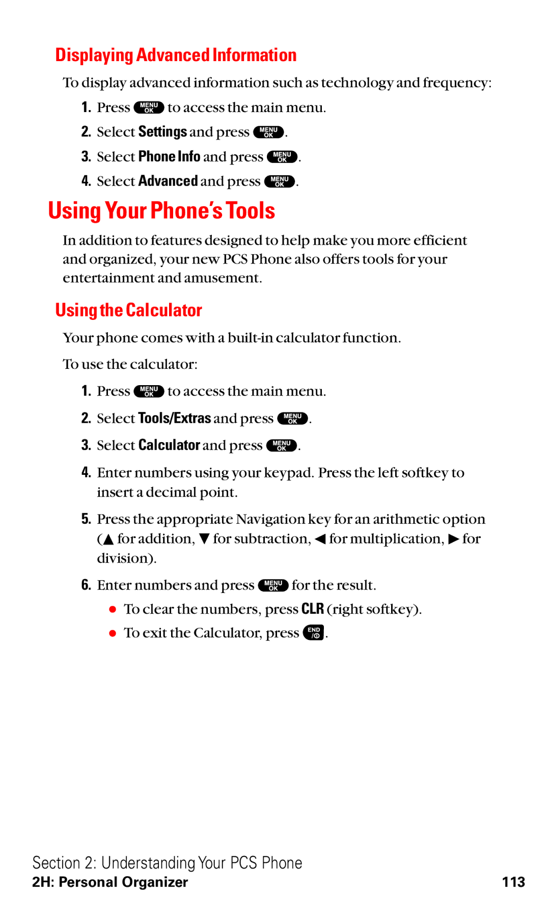 Sanyo VM4500 manual Using Your Phone’s Tools, Displaying Advanced Information, Using the Calculator 