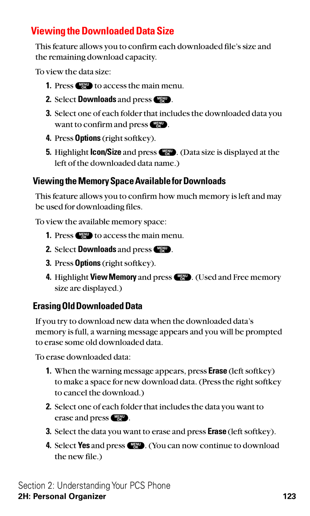 Sanyo VM4500 manual Viewing the Downloaded Data Size, Viewing the Memory Space Available for Downloads 