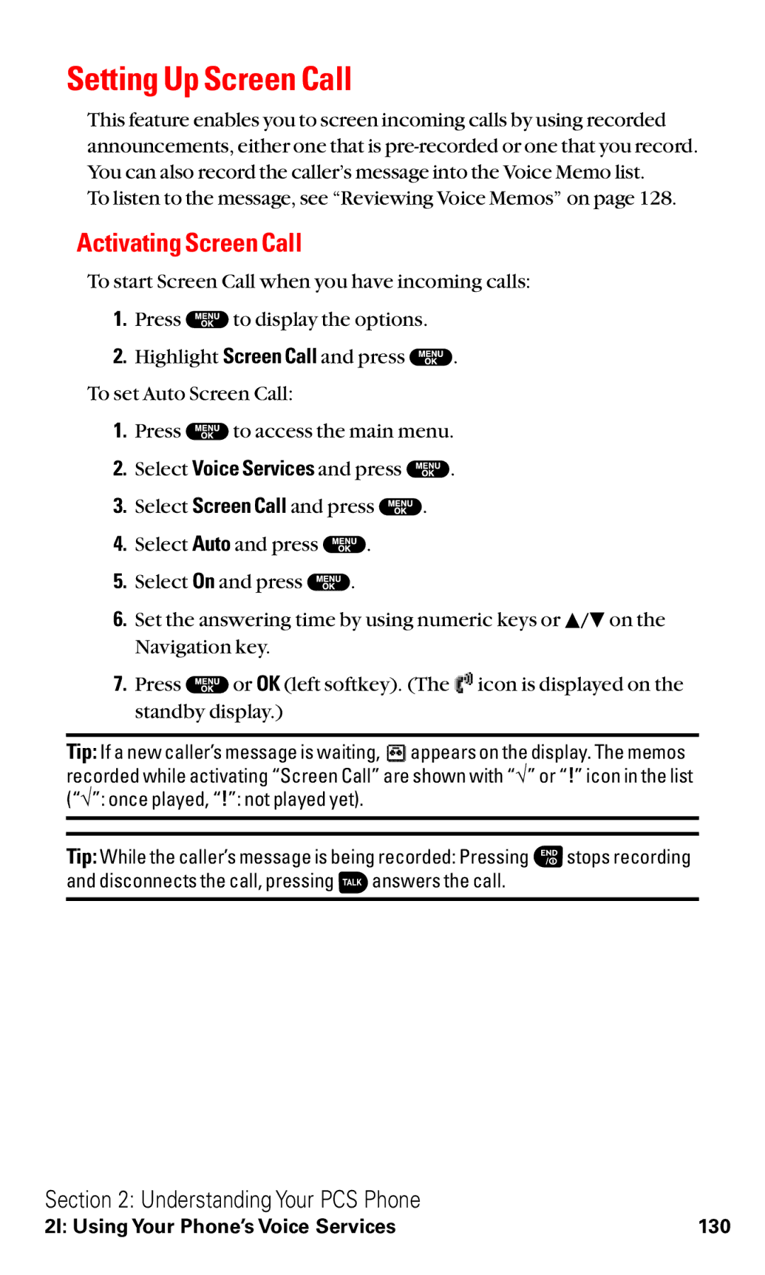 Sanyo VM4500 manual Setting Up Screen Call, Activating Screen Call 