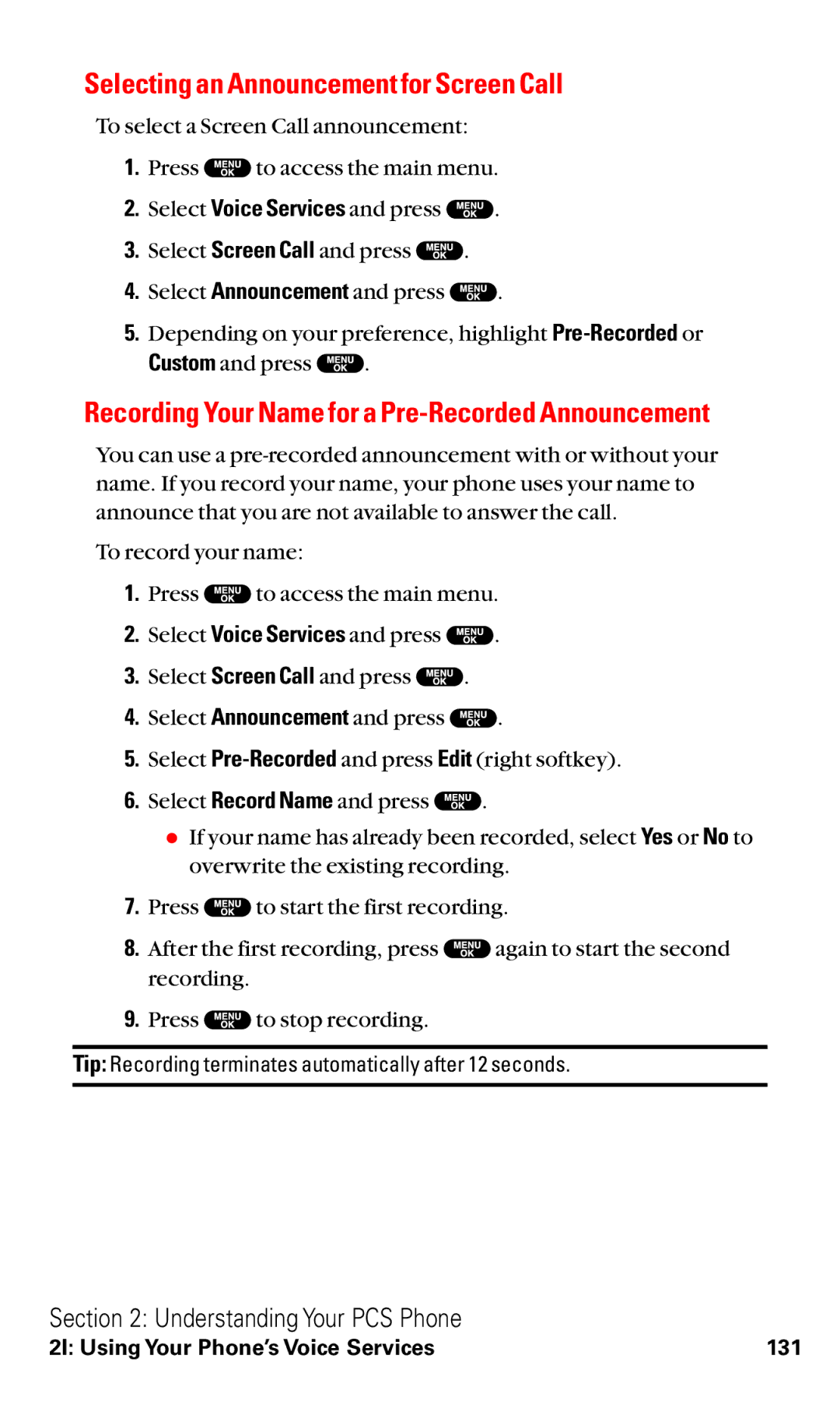 Sanyo VM4500 manual Selecting an Announcement for Screen Call, Recording Your Name for a Pre-Recorded Announcement 