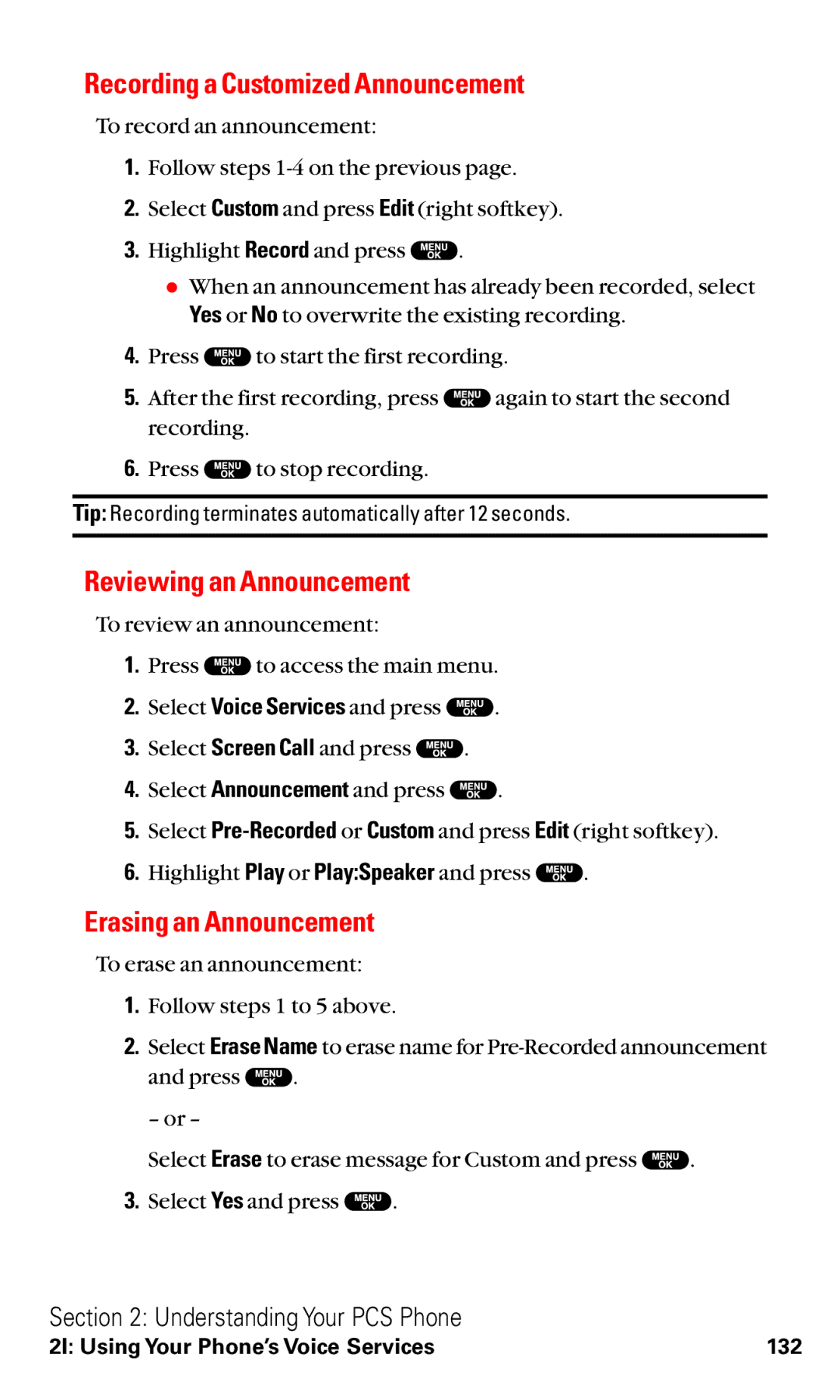 Sanyo VM4500 manual Recording a Customized Announcement, Reviewing an Announcement, Erasing an Announcement 