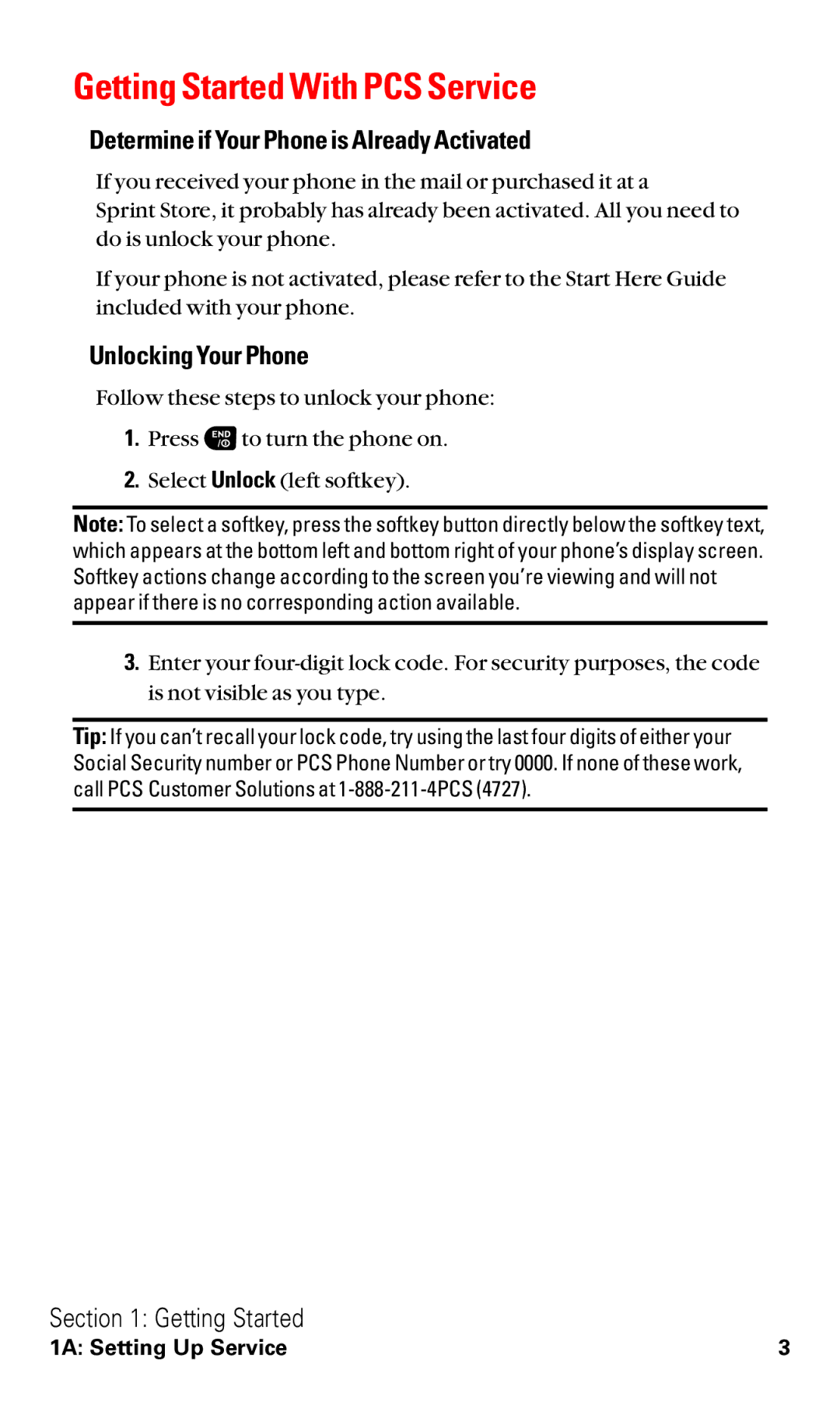 Sanyo VM4500 manual Getting Started With PCS Service, Determine if Your Phone is Already Activated, Unlocking Your Phone 