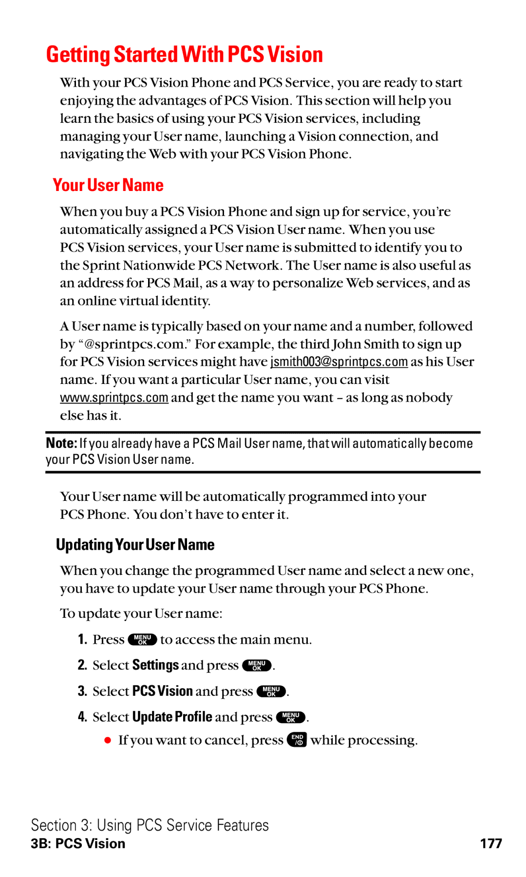 Sanyo VM4500 manual Getting Started With PCS Vision, Updating Your User Name 