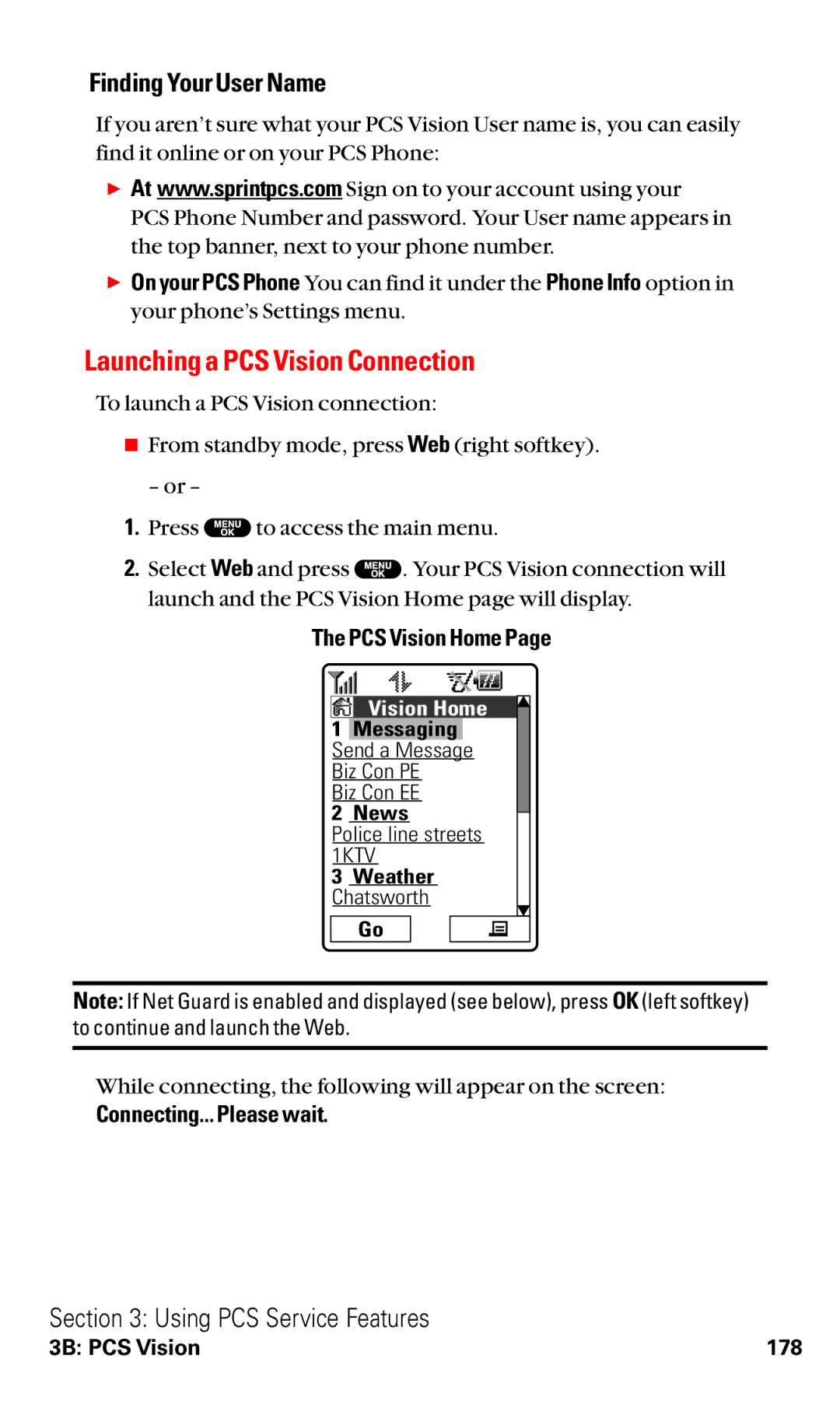 Sanyo VM4500 manual Launching a PCS Vision Connection, Finding Your User Name, PCS Vision Home, Connecting... Please wait 