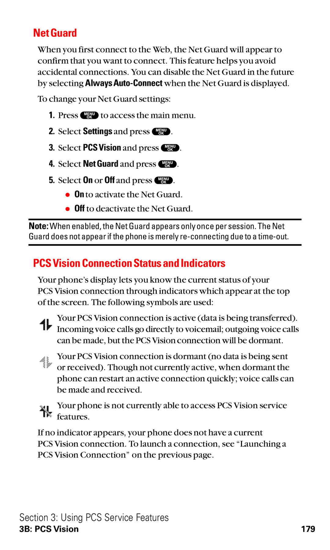 Sanyo VM4500 manual Net Guard, PCS Vision Connection Status and Indicators 