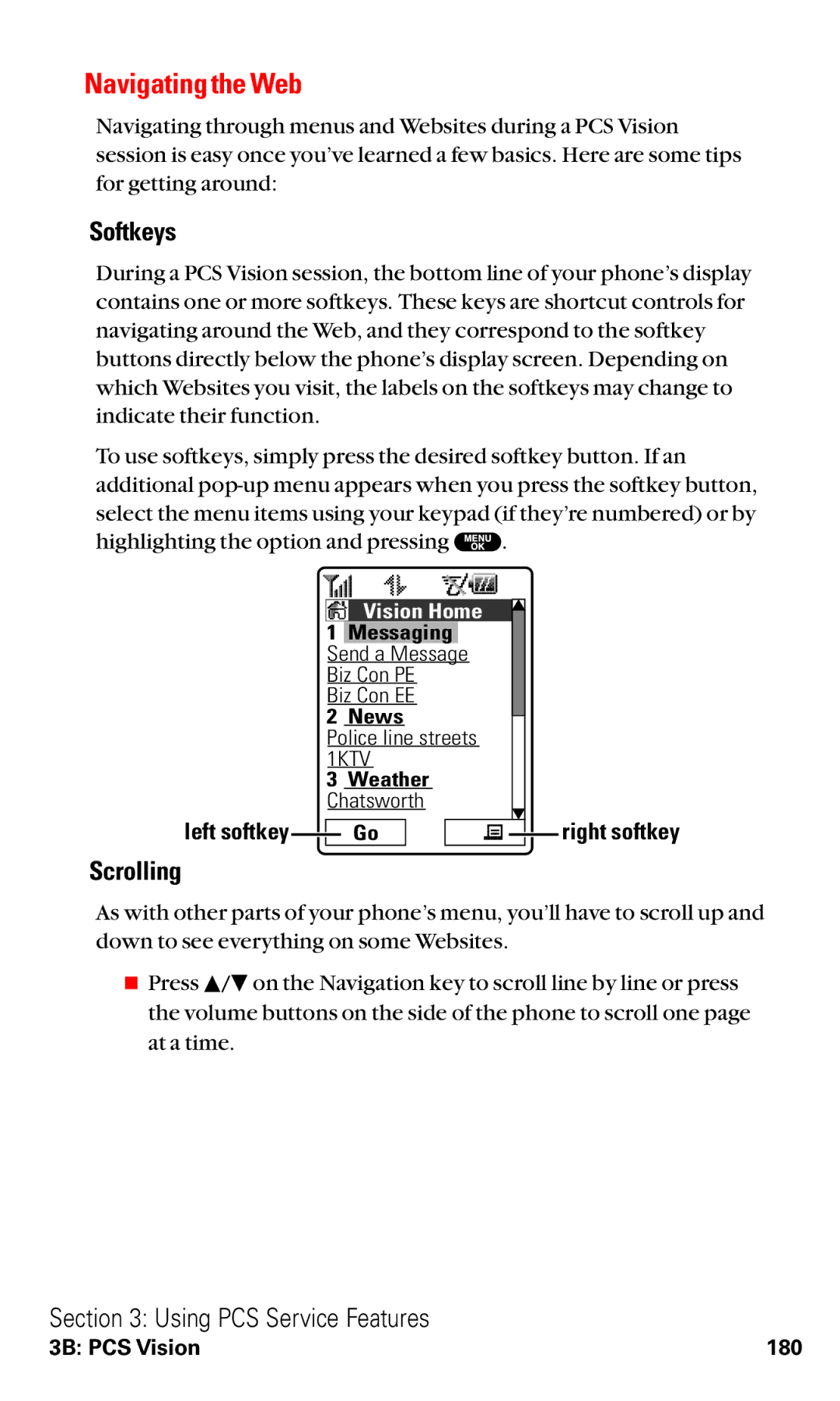 Sanyo VM4500 manual Navigating the Web, Softkeys, Scrolling, Left softkey 