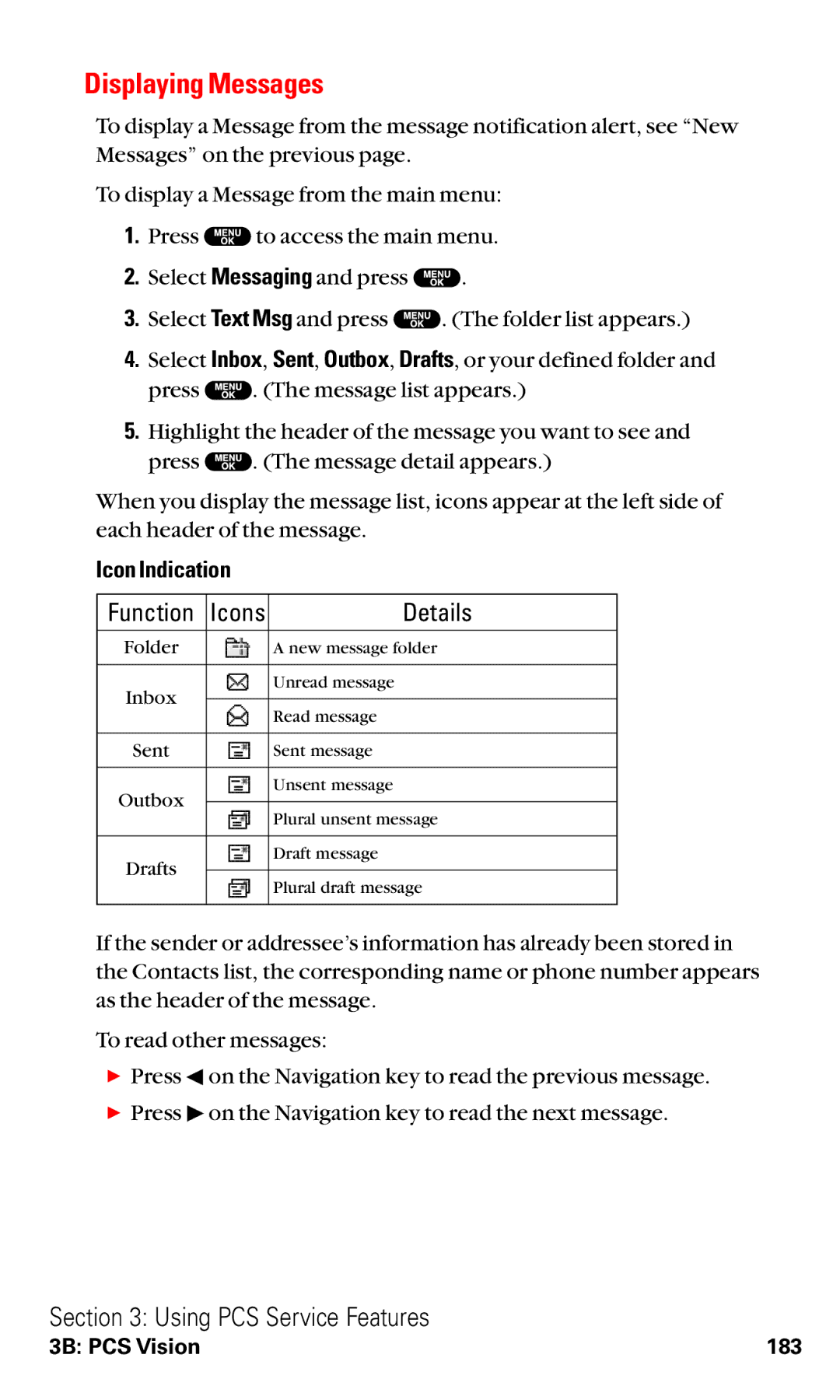 Sanyo VM4500 manual Displaying Messages, Icon Indication 