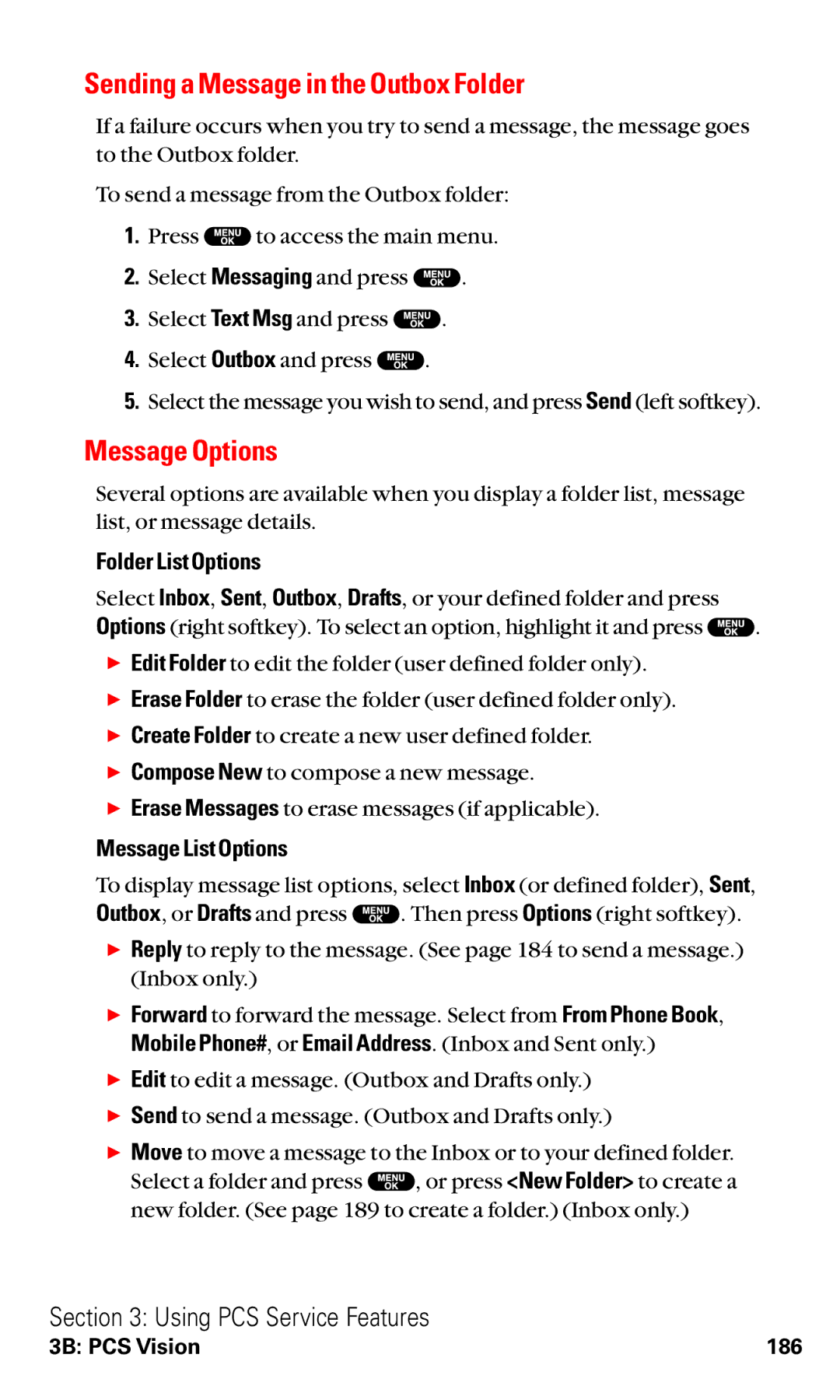 Sanyo VM4500 manual Sending a Message in the Outbox Folder, Message Options, Folder List Options, Message List Options 