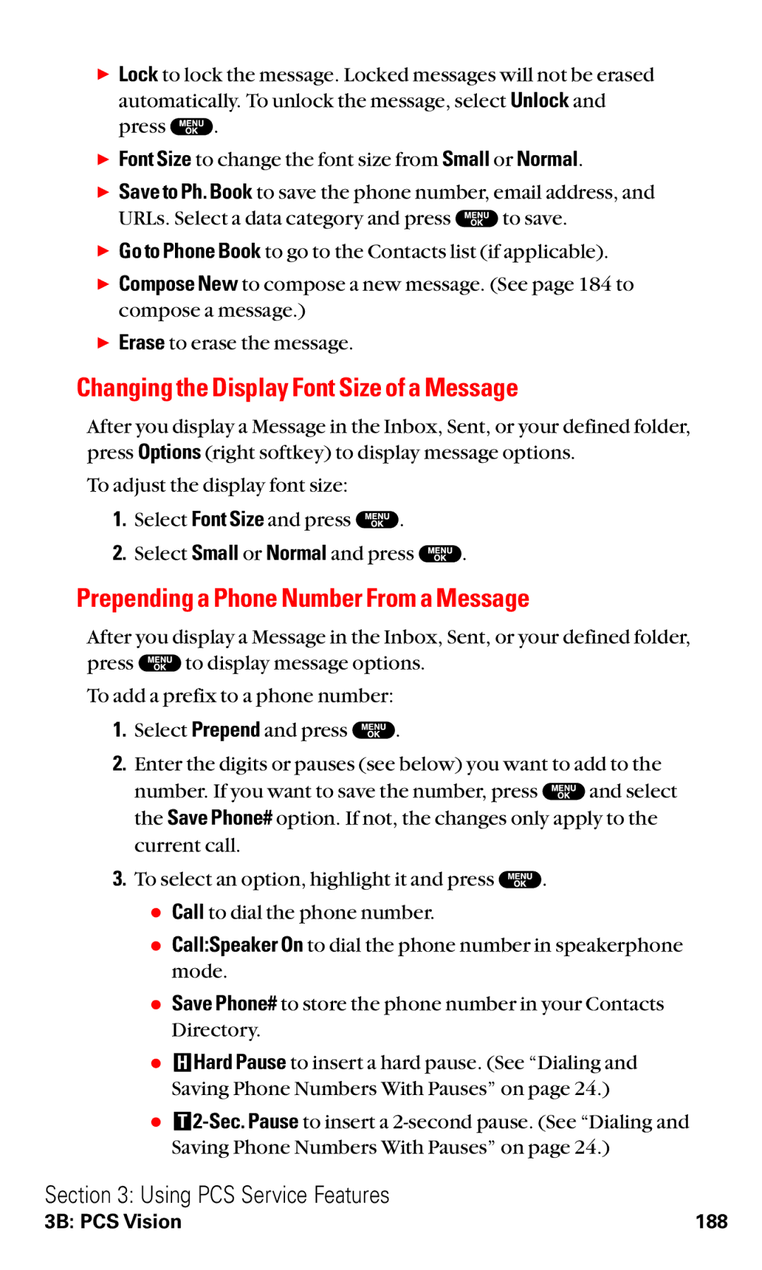 Sanyo VM4500 manual Changing the Display Font Size of a Message, Prepending a Phone Number From a Message 