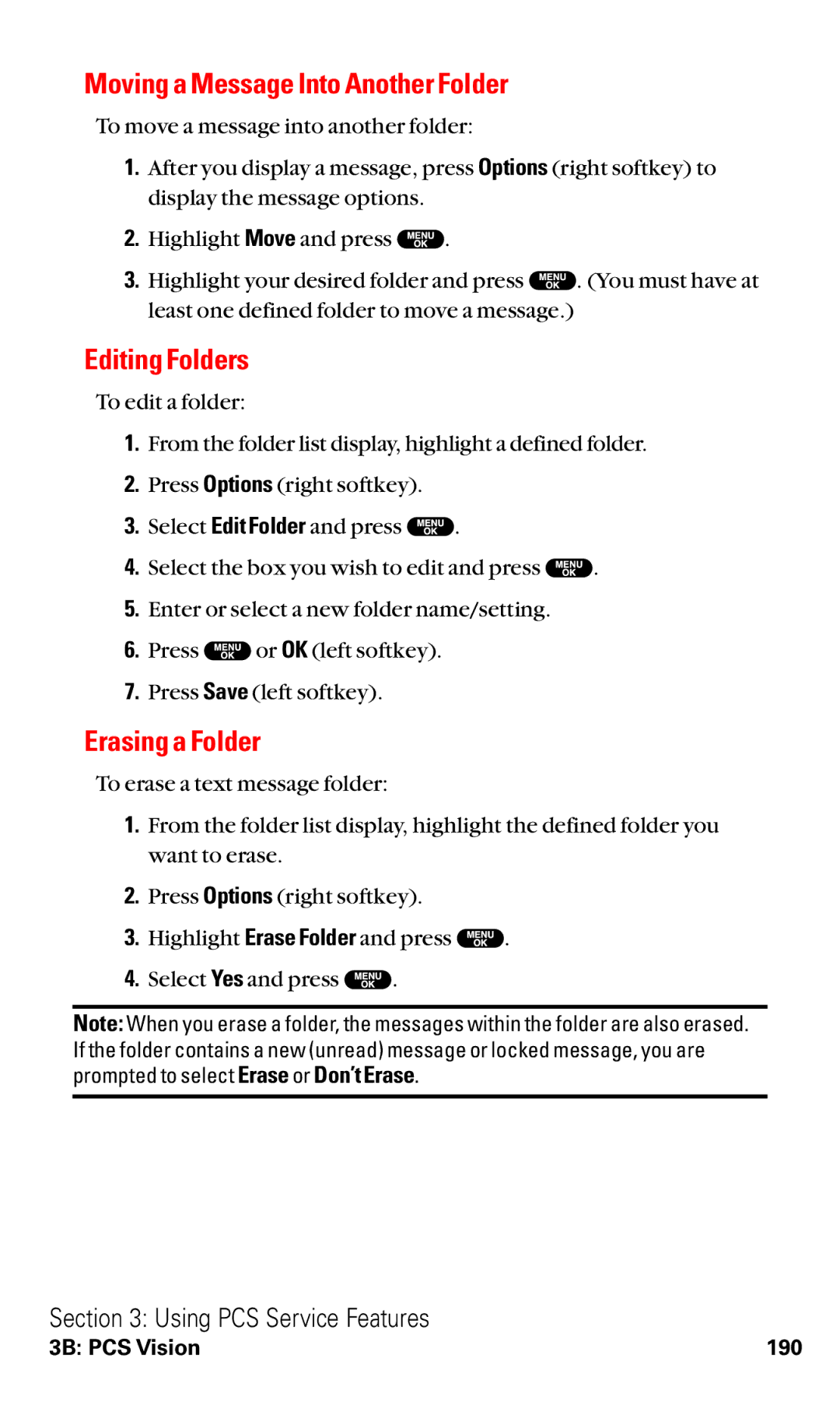 Sanyo VM4500 manual Moving a Message Into Another Folder, Editing Folders, Erasing a Folder 