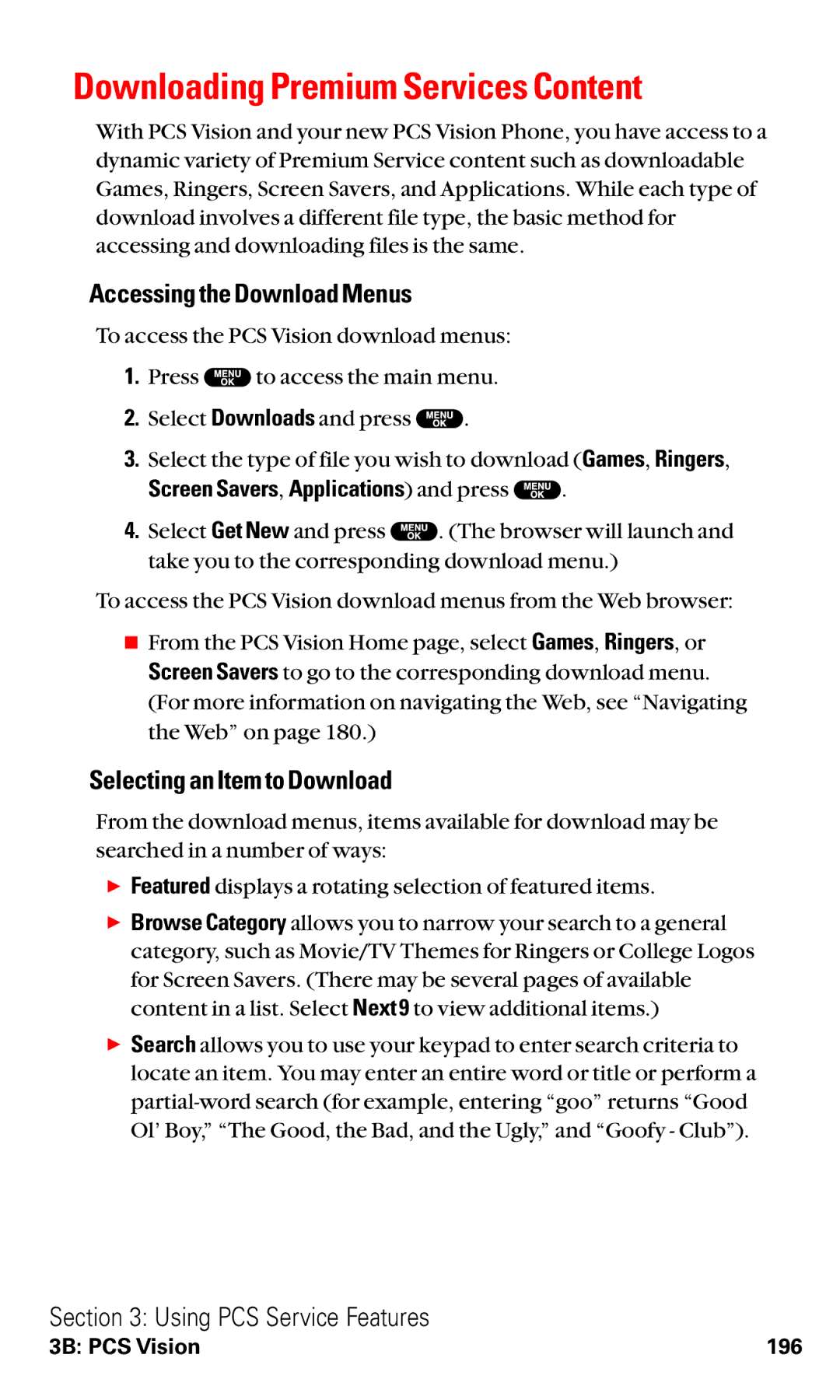 Sanyo VM4500 manual Downloading Premium Services Content, Accessing the Download Menus, Selecting an Item to Download 