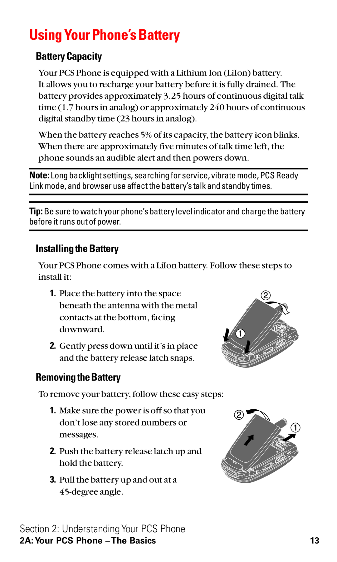 Sanyo VM4500 manual Using Your Phone’s Battery, Battery Capacity, Installingthe Battery, Removingthe Battery 