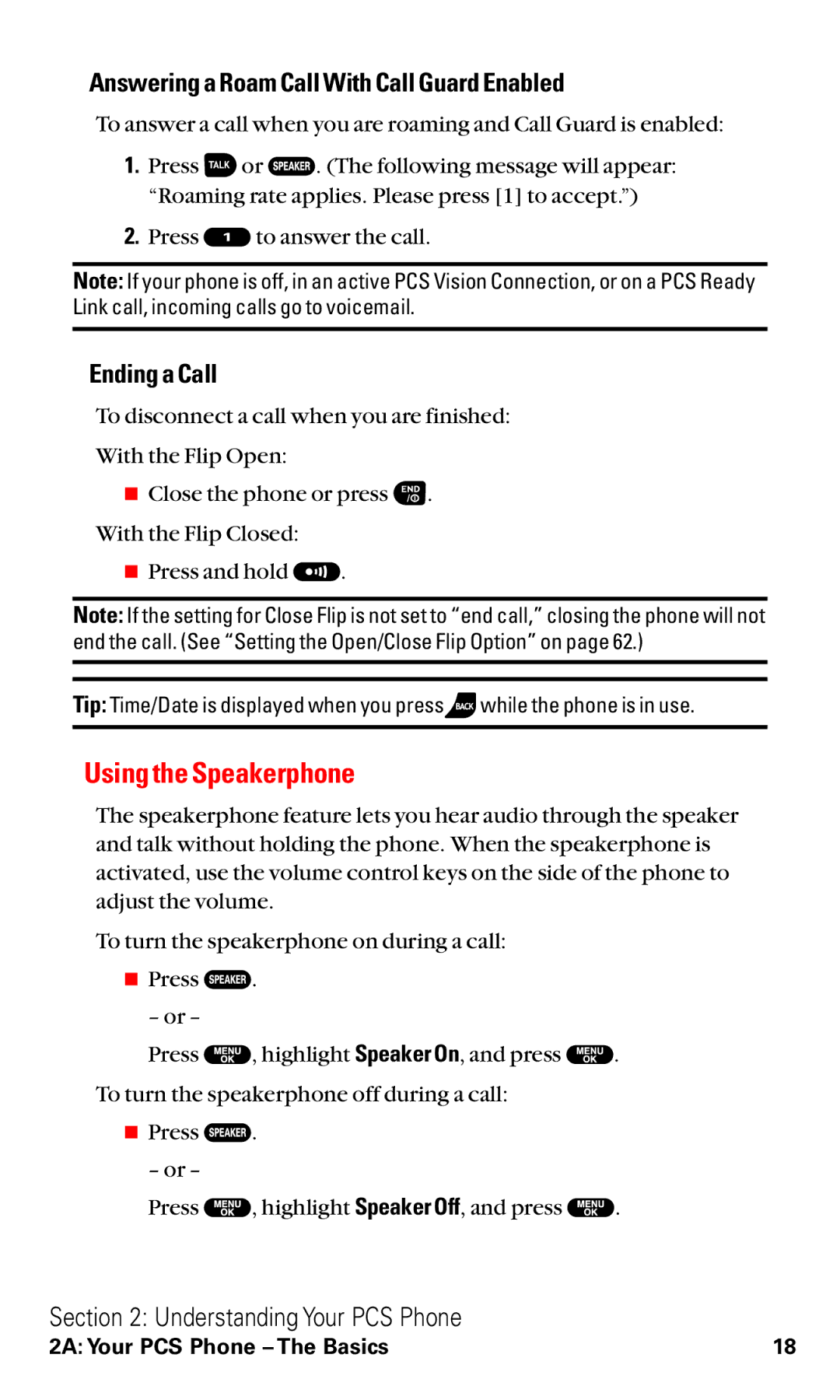 Sanyo VM4500 manual Using the Speakerphone, Answering a Roam Call With Call Guard Enabled, Ending a Call 